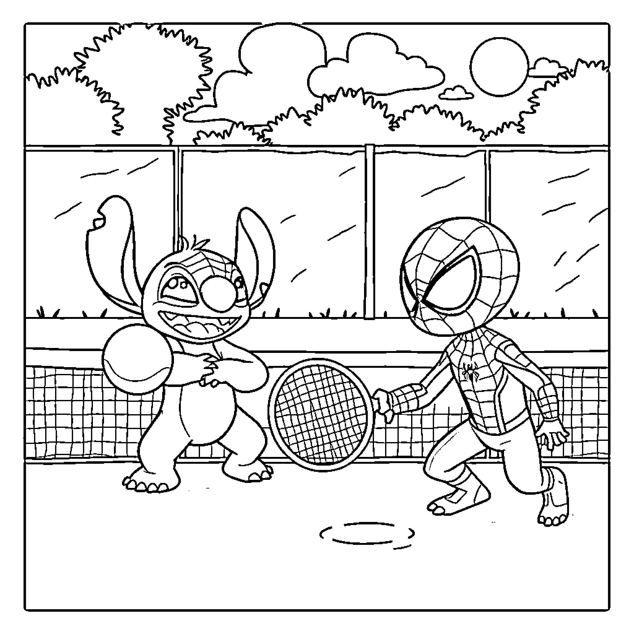 Stitch playing tennis with Spider-Man Coloring Page (free black-and-white line drawing printable PDF for all, from beginners to advanced learners, including children, teens, adults, and seniors)