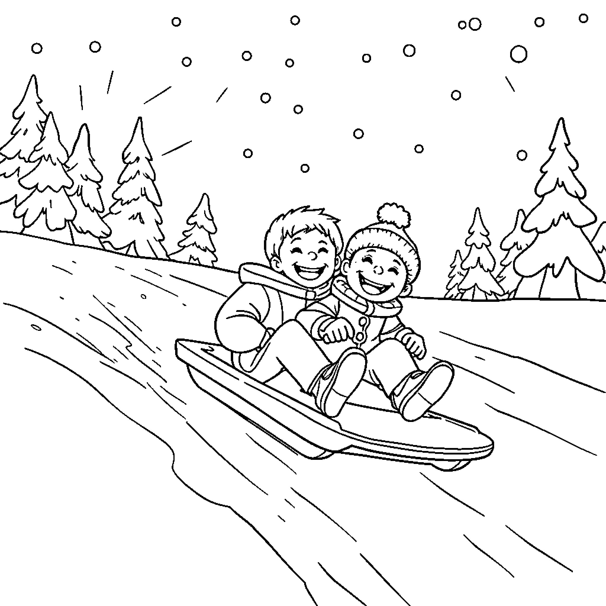 Kids sledding down a snowy hill Coloring Page (free black-and-white line drawing printable PDF for all, from beginners to advanced learners, including children, teens, adults, and seniors)
