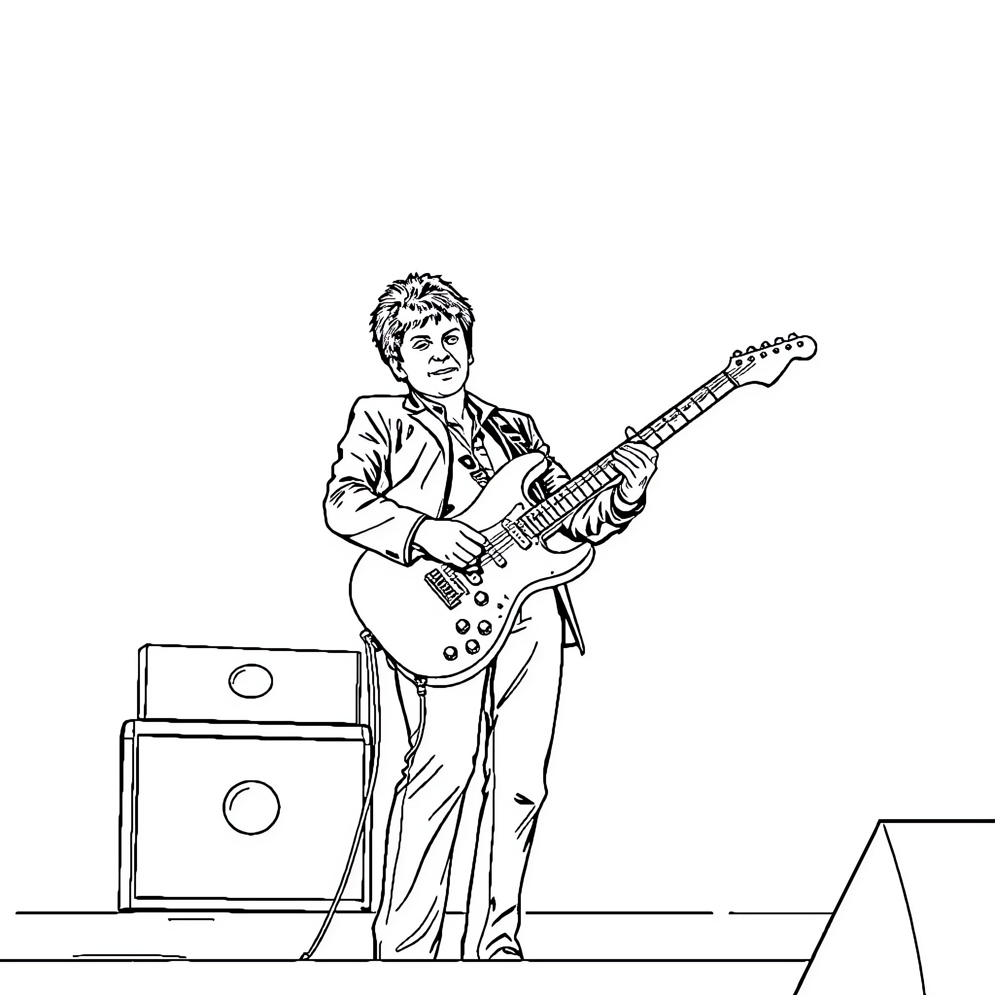 Billie Joe Armstrong performing on stage with electric guitar Coloring Page (free black-and-white line drawing printable PDF for all, from beginners to advanced learners, including children, teens, adults, and seniors)