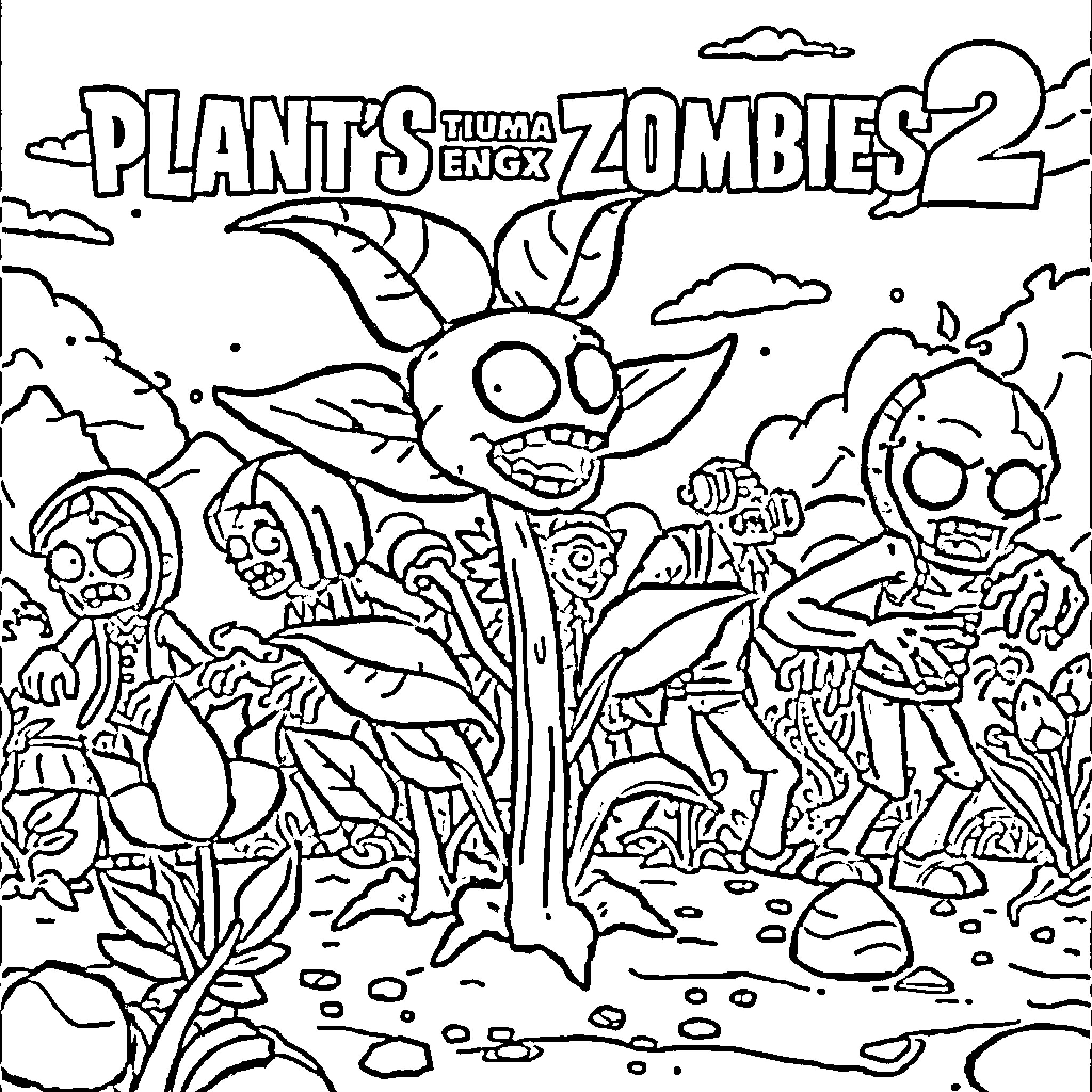 Plants vs. Zombies 2 action-packed battle scene Coloring Page (free black-and-white line drawing printable PDF for all, from beginners to advanced learners, including children, teens, adults, and seniors)