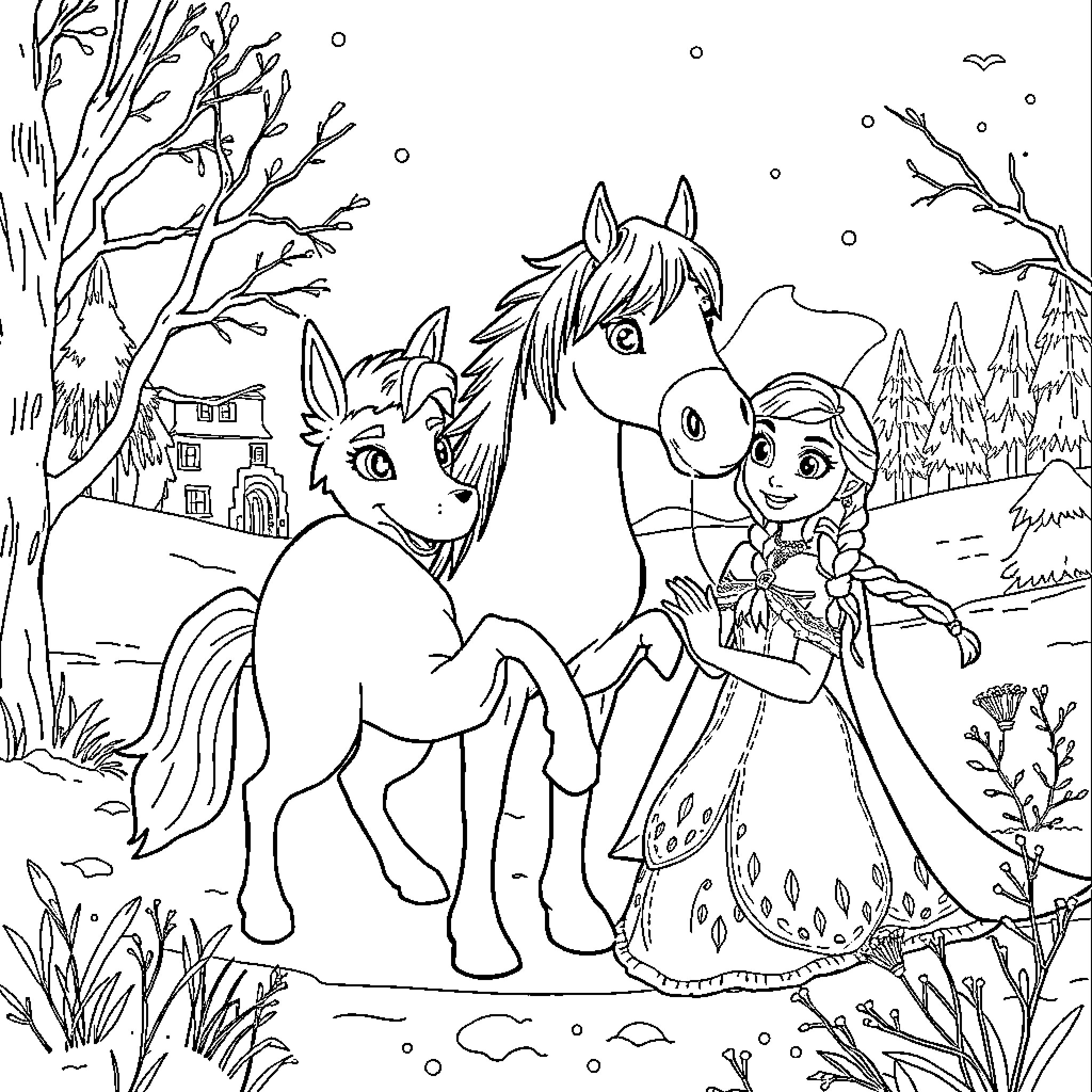 Huntrix: Girl with Horse in Snowy Forest Coloring Page (free black-and-white line drawing printable PDF for all, from beginners to advanced learners, including children, teens, adults, and seniors)