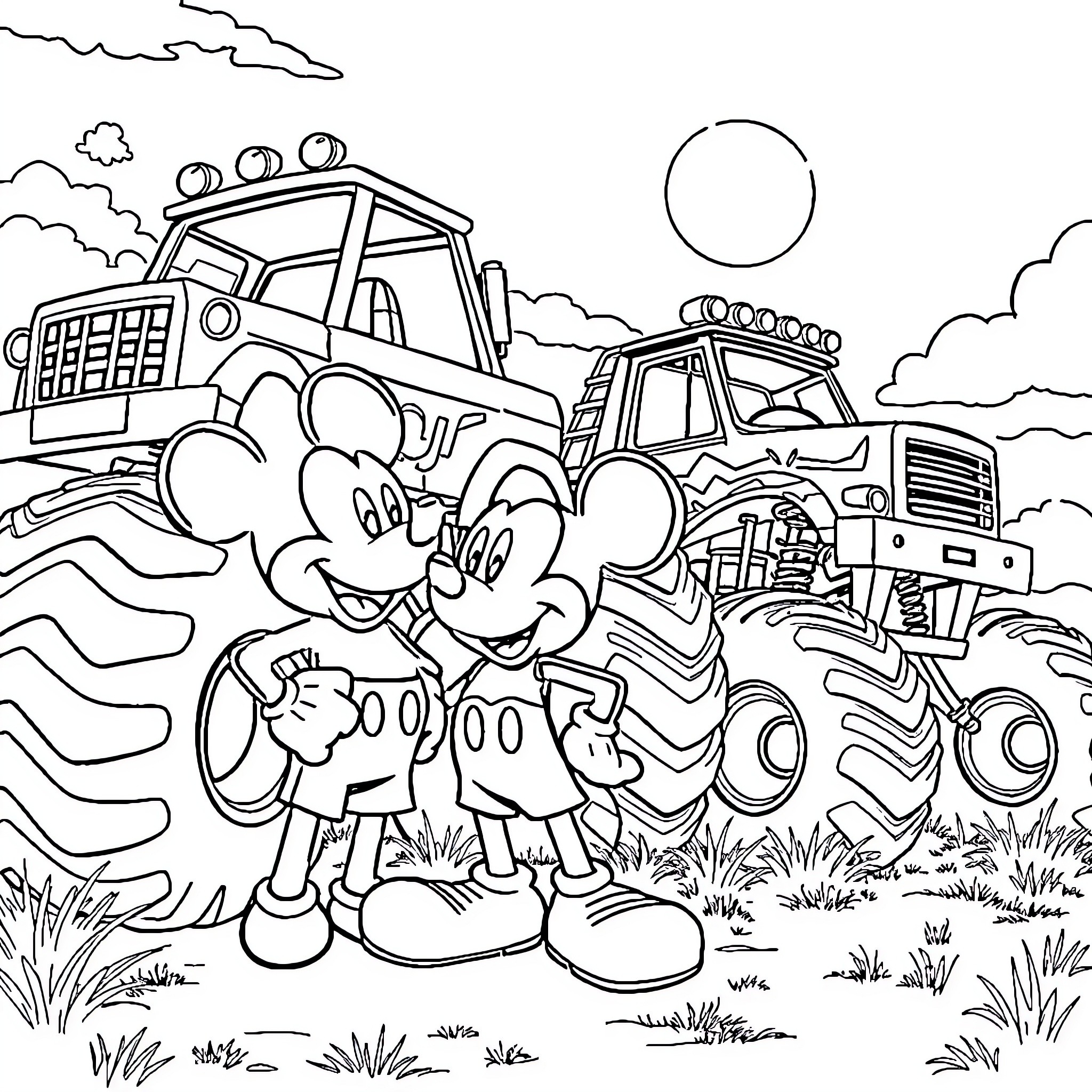 Mickey Mouse and Friends Explore the Countryside Coloring Page (free black-and-white line drawing printable PDF for all, from beginners to advanced learners, including children, teens, adults, and seniors)