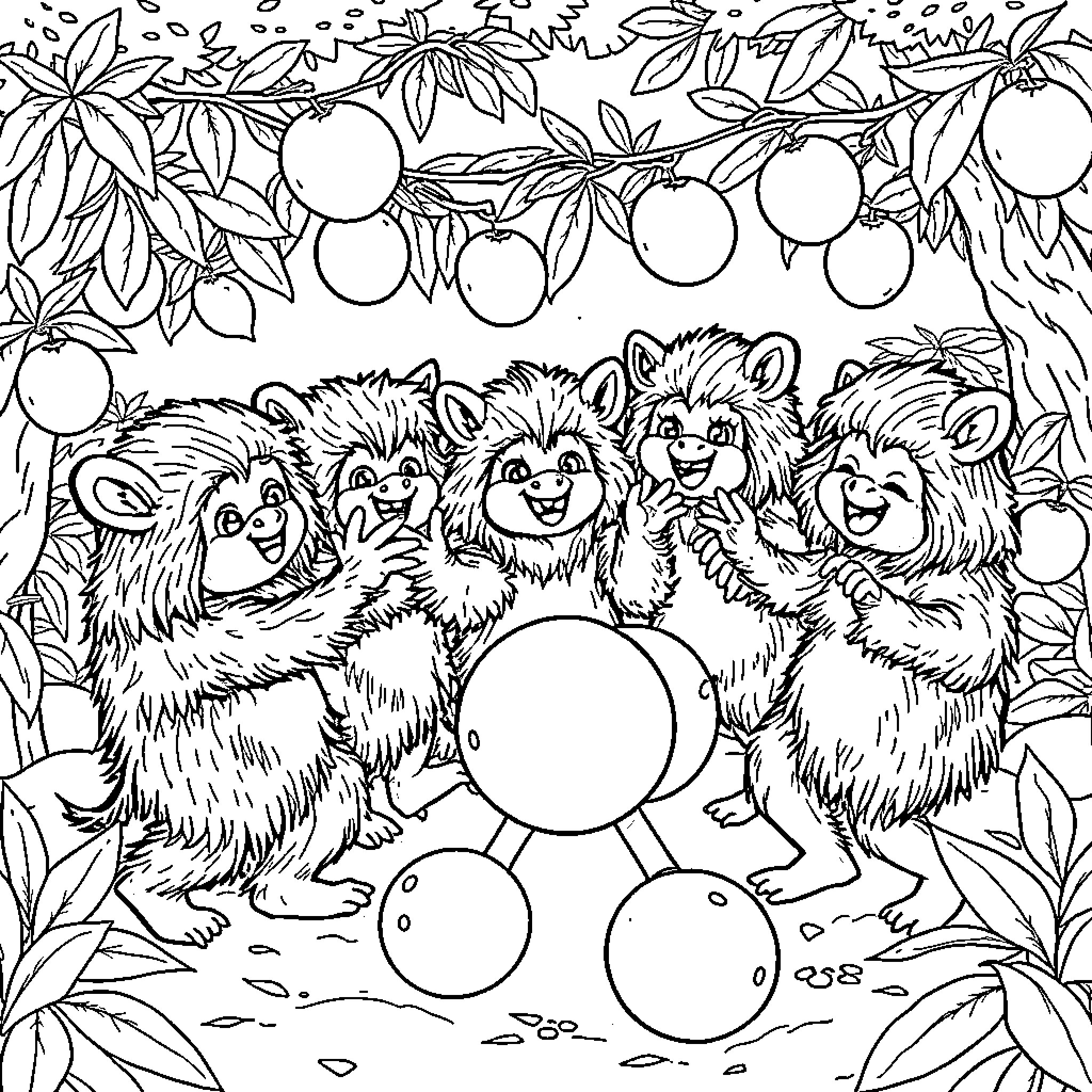 Ewok friends playing with spheres in the forest Coloring Page (free black-and-white line drawing printable PDF for all, from beginners to advanced learners, including children, teens, adults, and seniors)
