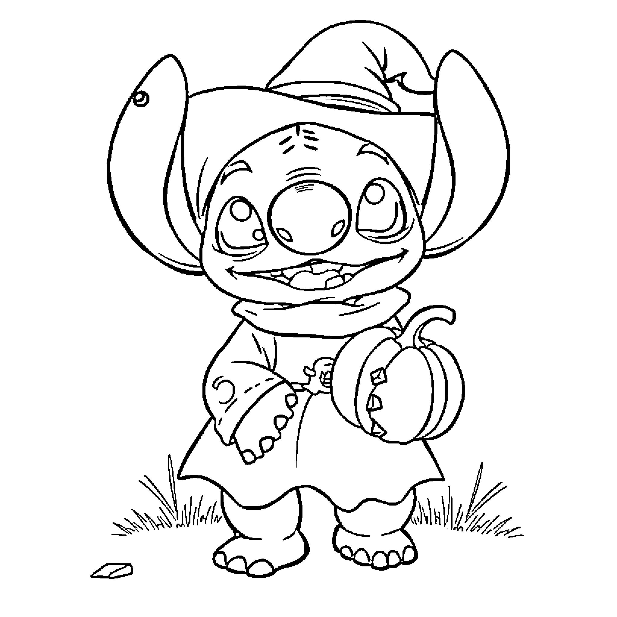 Stitch holding a pumpkin in costume Coloring Page (free black-and-white line drawing printable PDF for all, from beginners to advanced learners, including children, teens, adults, and seniors)