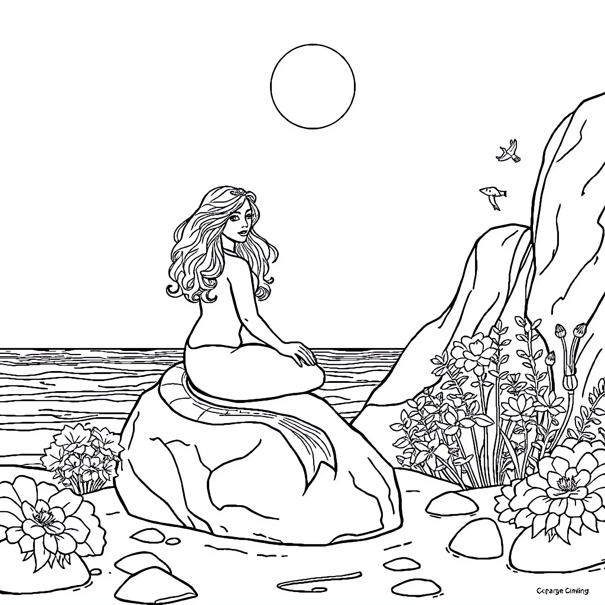 Siren amid the sea's flowers and waves Coloring Page (free black-and-white line drawing printable PDF for all, from beginners to advanced learners, including children, teens, adults, and seniors)