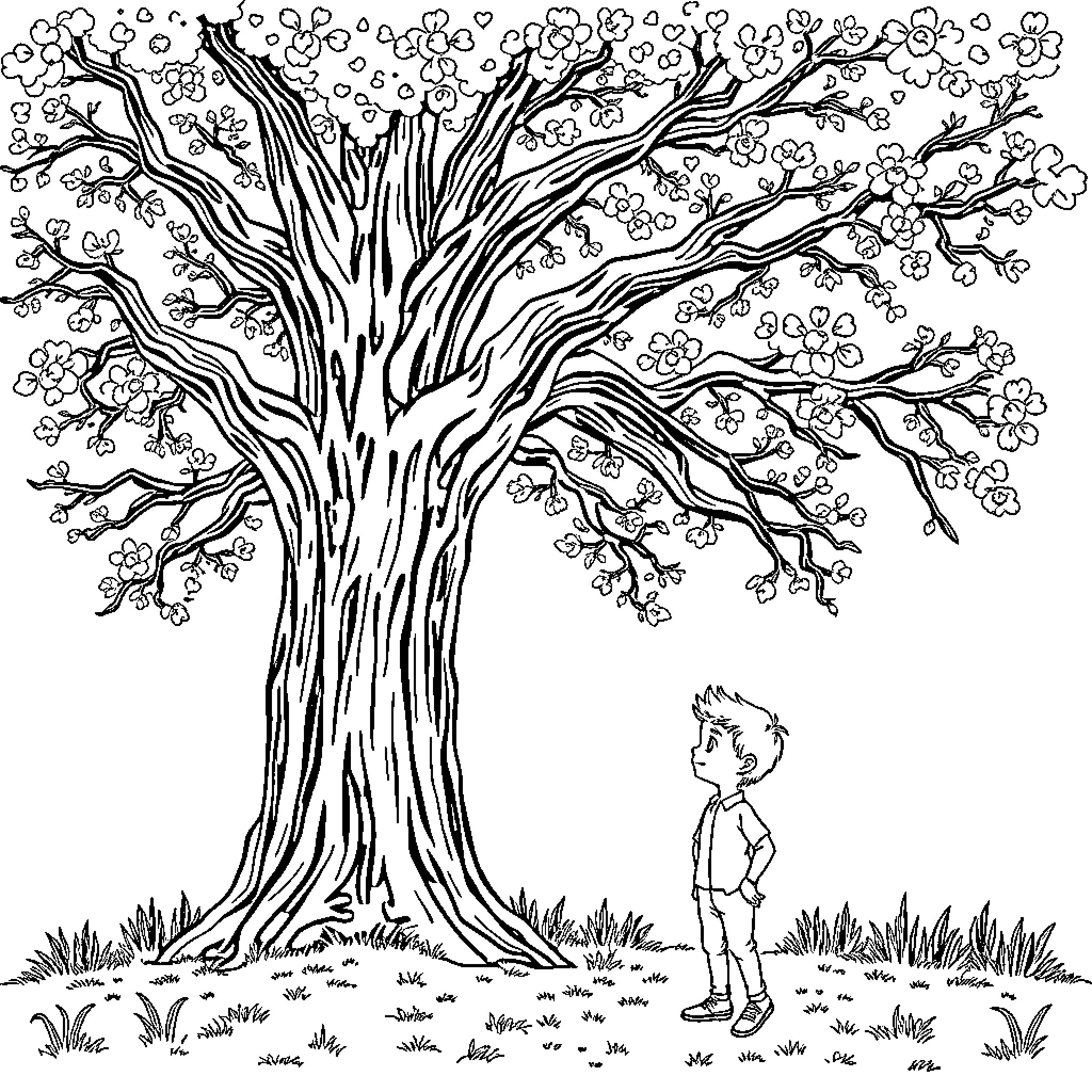 Oliver Admiring the Blossoming Tree Coloring Page (free black-and-white line drawing printable PDF for all, from beginners to advanced learners, including children, teens, adults, and seniors)