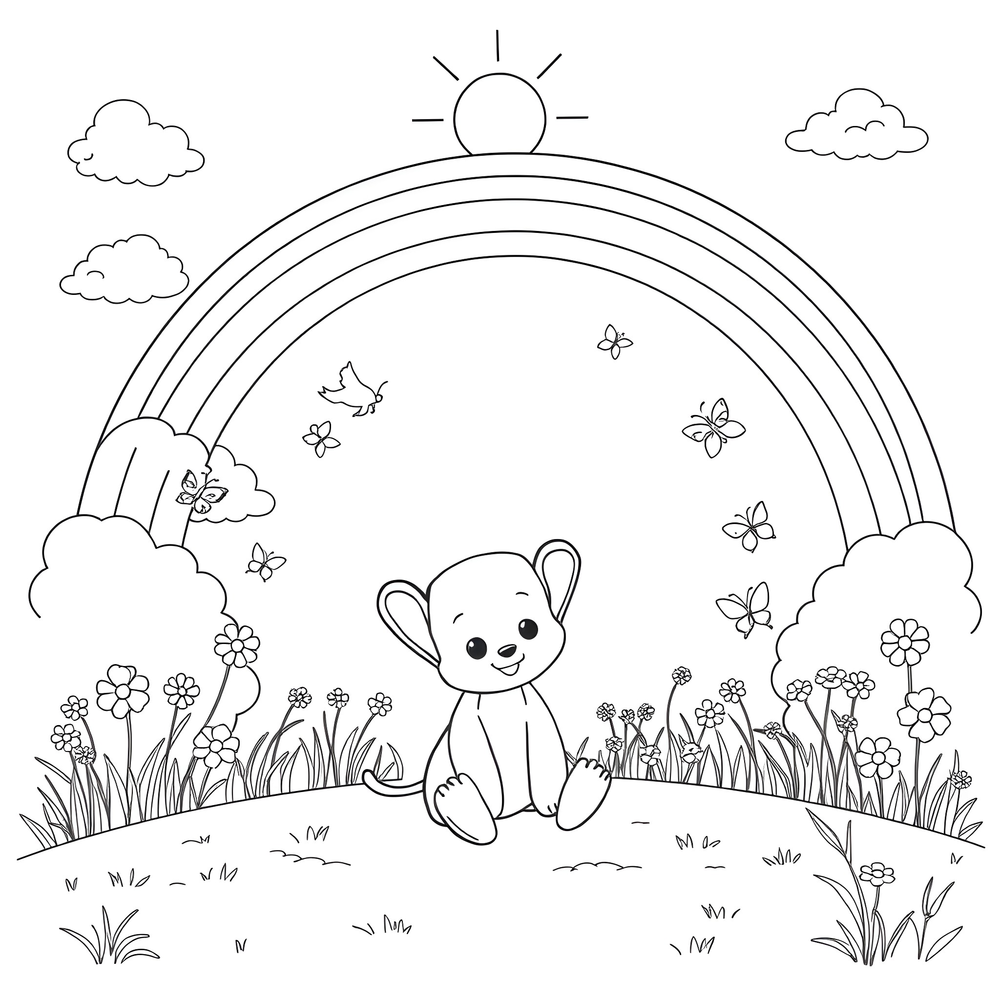 Bluey playing happily in a flowery meadow with a rainbow Coloring Page (free black-and-white line drawing printable PDF for all, from beginners to advanced learners, including children, teens, adults, and seniors)
