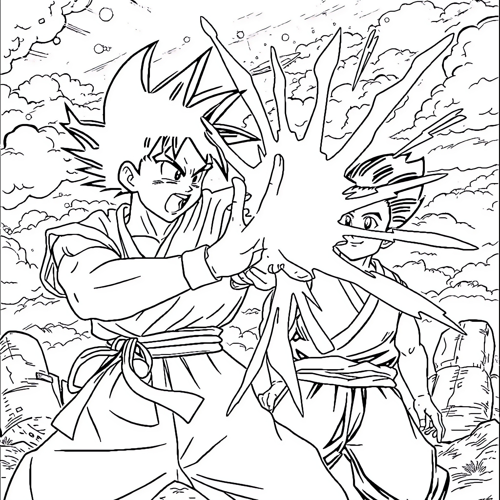 Son Goku in intense martial arts battle Coloring Page (free black-and-white line drawing printable PDF for all, from beginners to advanced learners, including children, teens, adults, and seniors)