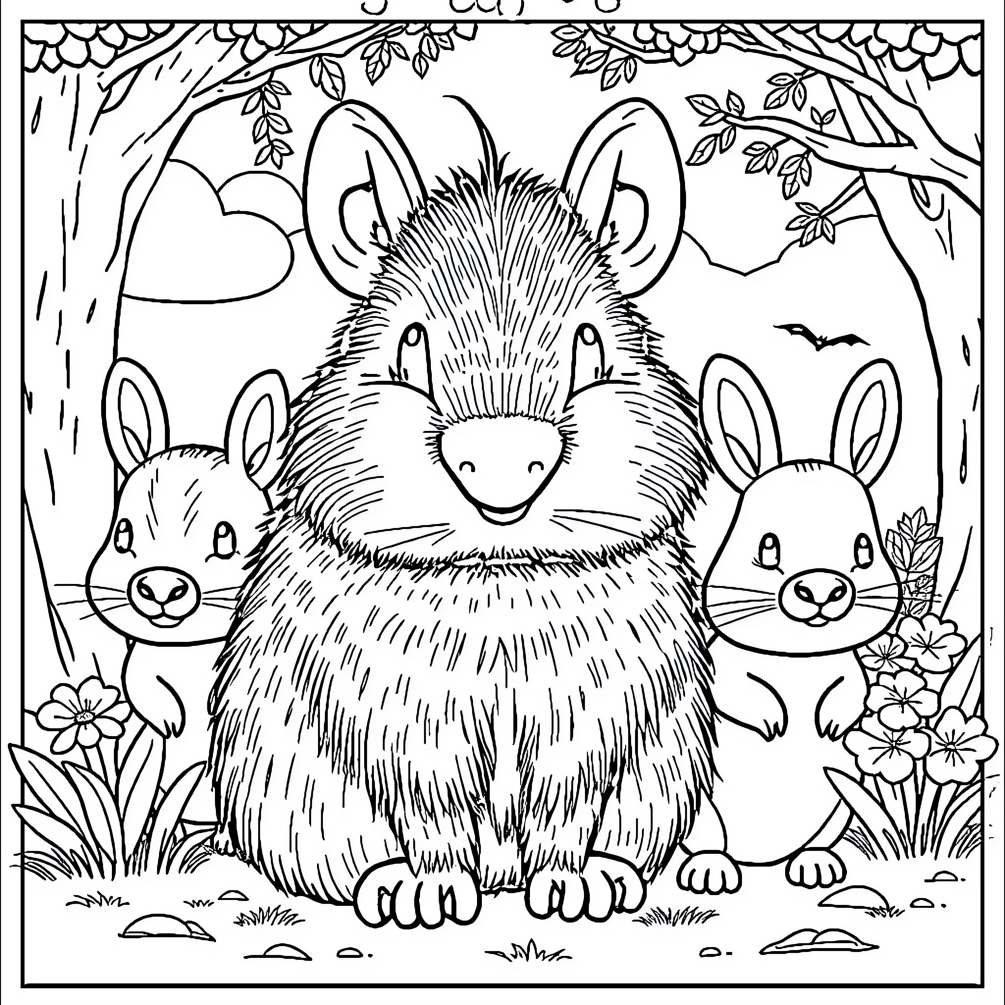 Capybara and Bunnies in the Forest Coloring Page (free black-and-white line drawing printable PDF for all, from beginners to advanced learners, including children, teens, adults, and seniors)