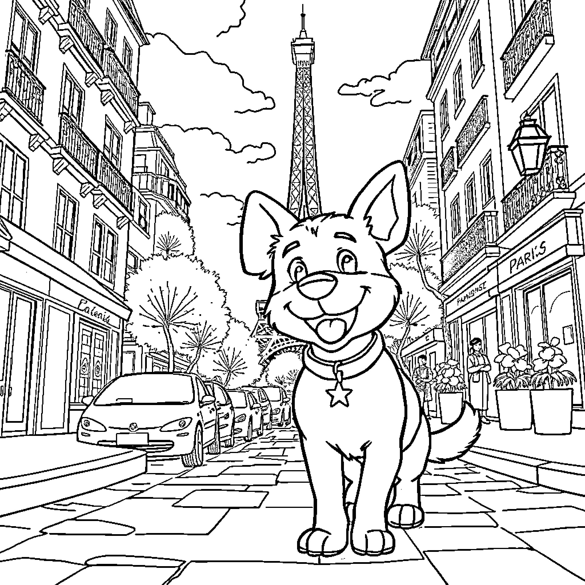 Bluey explores the streets of Paris with excitement Coloring Page (free black-and-white line drawing printable PDF for all, from beginners to advanced learners, including children, teens, adults, and seniors)
