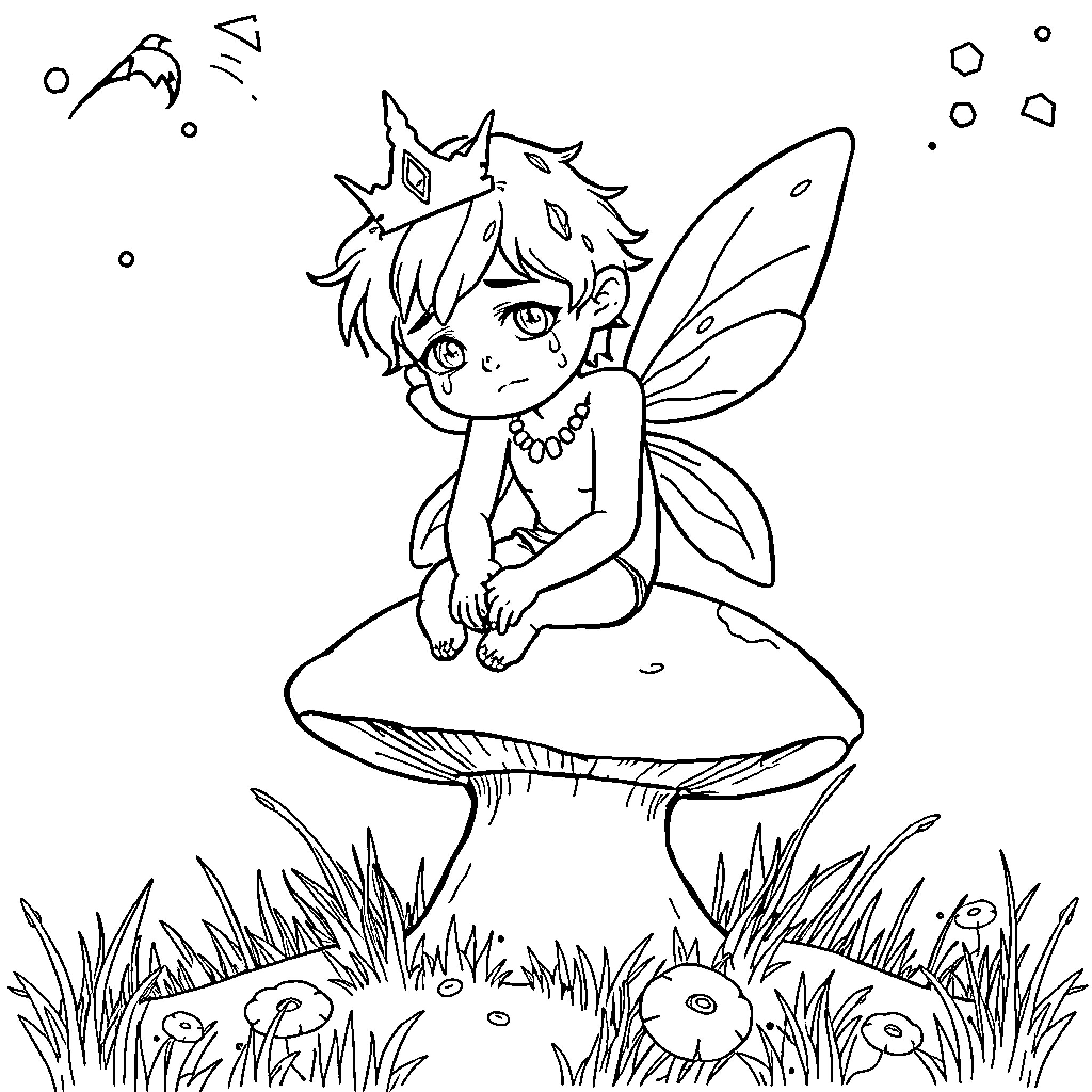 Fairy sitting on a mushroom in a whimsical scene Coloring Page (free black-and-white line drawing printable PDF for all, from beginners to advanced learners, including children, teens, adults, and seniors)