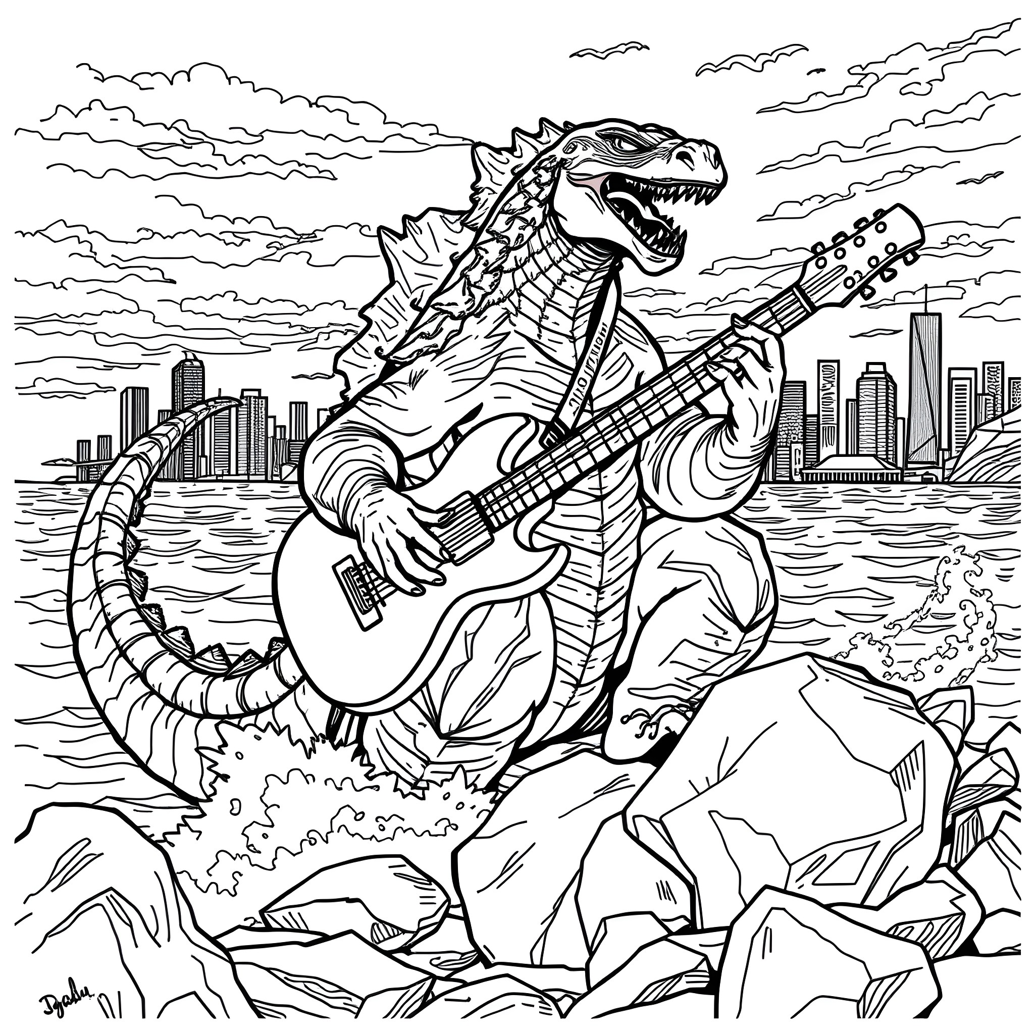 Godzilla Rocks the City with Electric Guitar Coloring Page (free black-and-white line drawing printable PDF for all, from beginners to advanced learners, including children, teens, adults, and seniors)