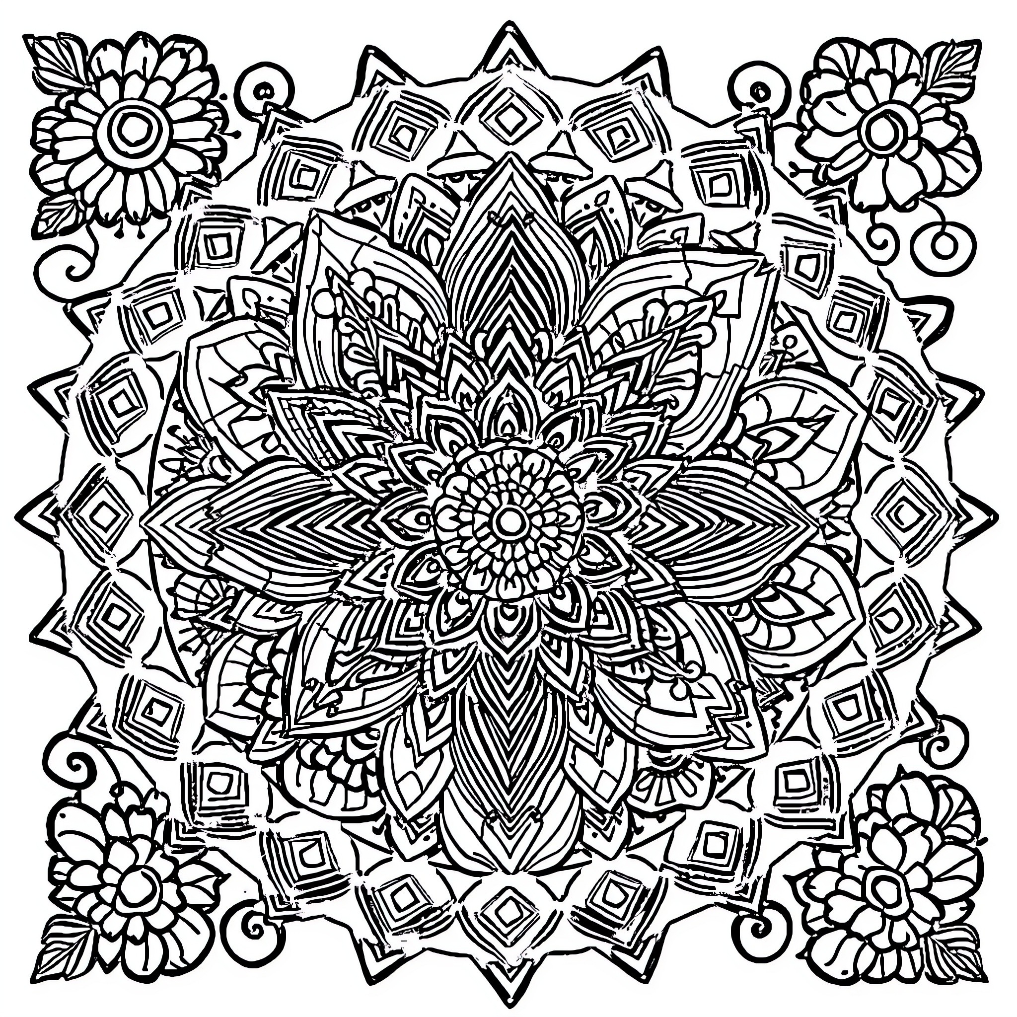 Zentangle with intricate floral patterns and geometric shapes Coloring Page (free black-and-white line drawing printable PDF for all, from beginners to advanced learners, including children, teens, adults, and seniors)