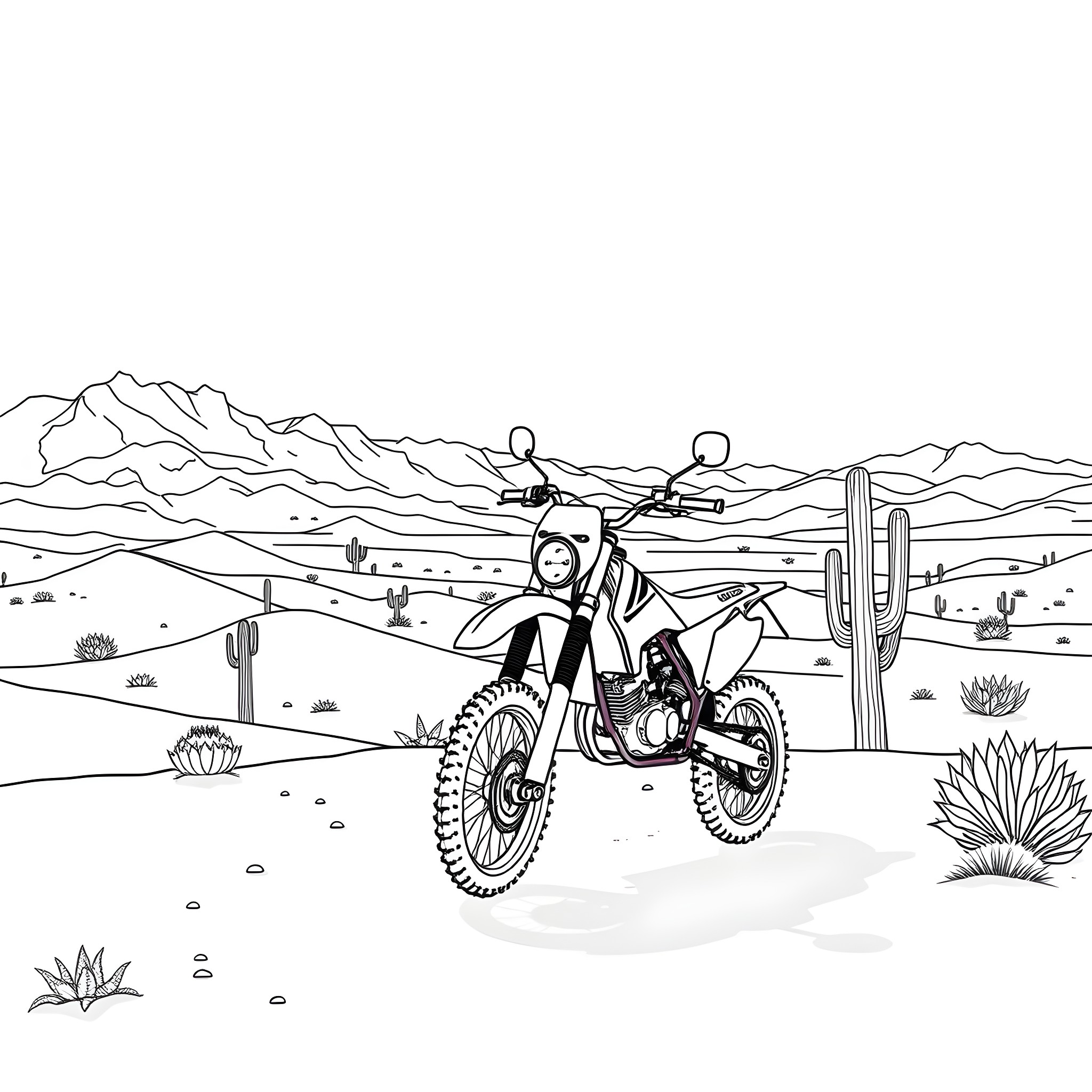 Dirt Bike Rider Navigating Rocky Desert Terrain Coloring Page (free black-and-white line drawing printable PDF for all, from beginners to advanced learners, including children, teens, adults, and seniors)