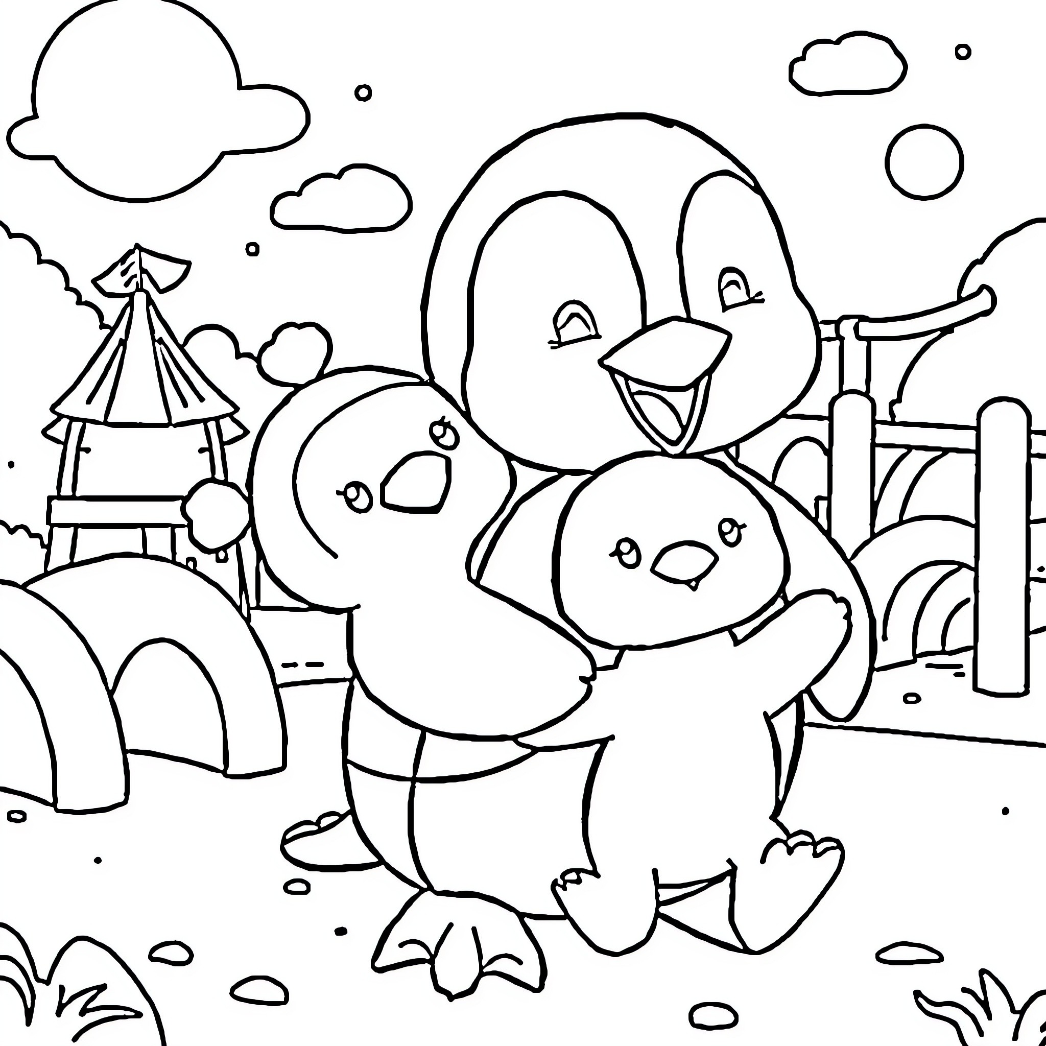 Tchoupi and friends playing in a whimsical landscape Coloring Page (free black-and-white line drawing printable PDF for all, from beginners to advanced learners, including children, teens, adults, and seniors)