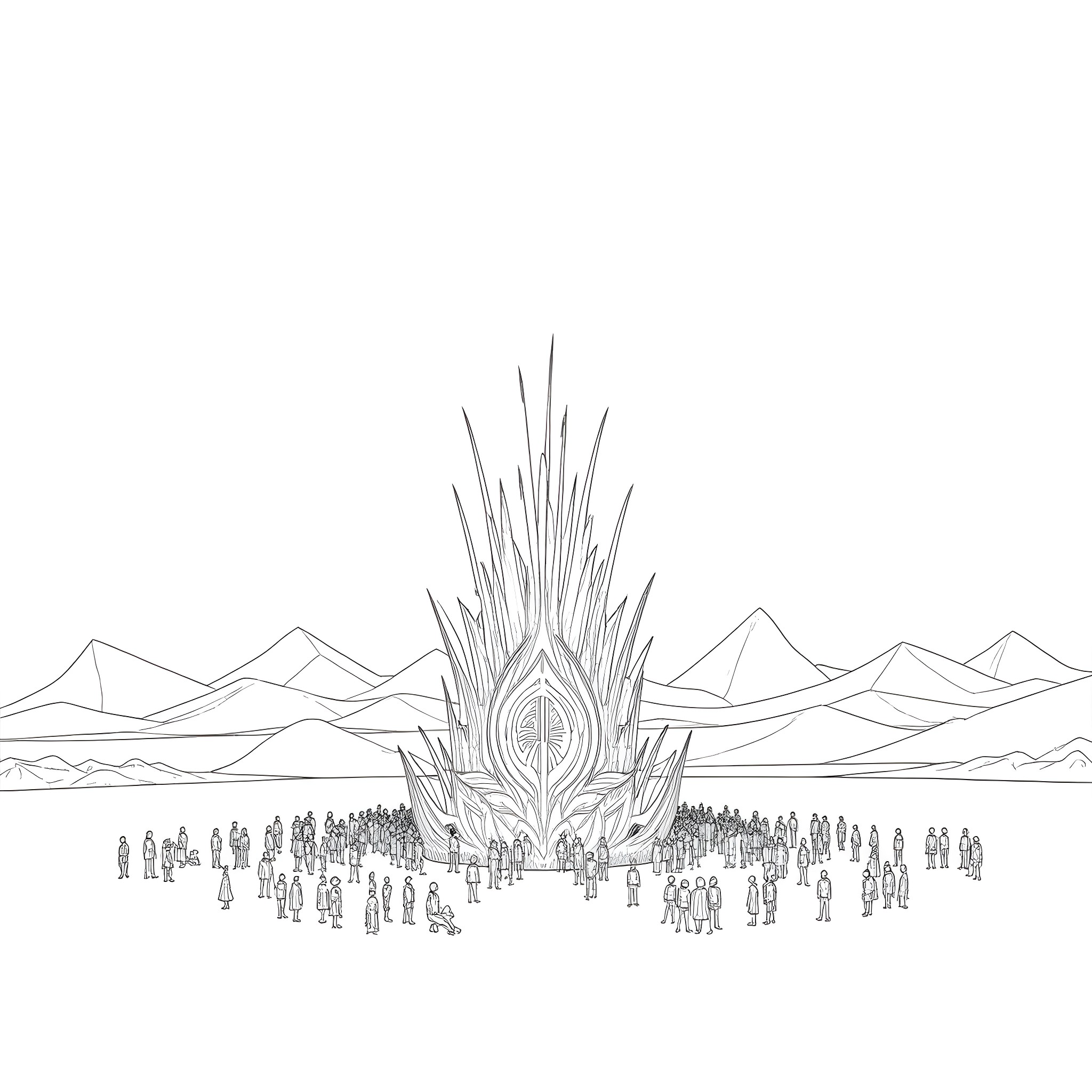 Burning Man festival with surreal structure and crowd Coloring Page (free black-and-white line drawing printable PDF for all, from beginners to advanced learners, including children, teens, adults, and seniors)