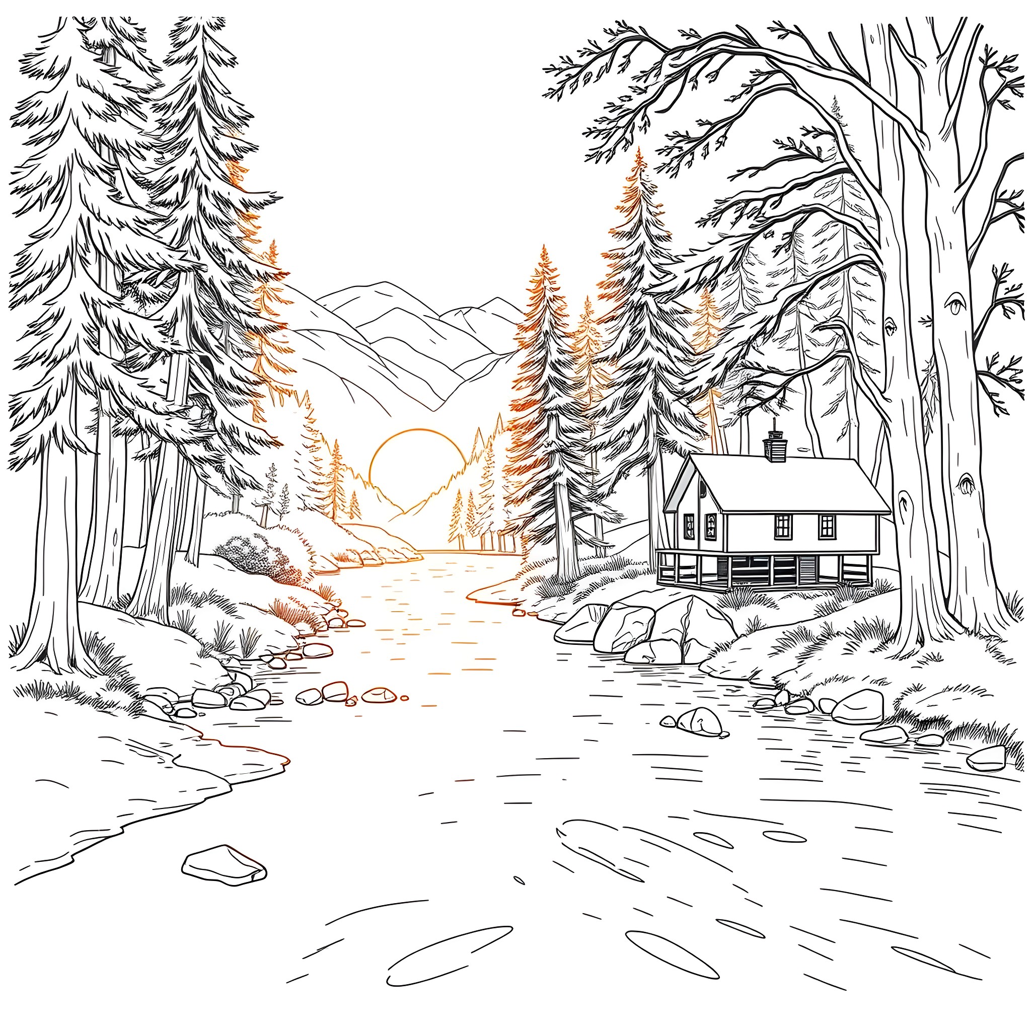 River Flowing Through Snowy Winter Landscape Coloring Page (free black-and-white line drawing printable PDF for all, from beginners to advanced learners, including children, teens, adults, and seniors)