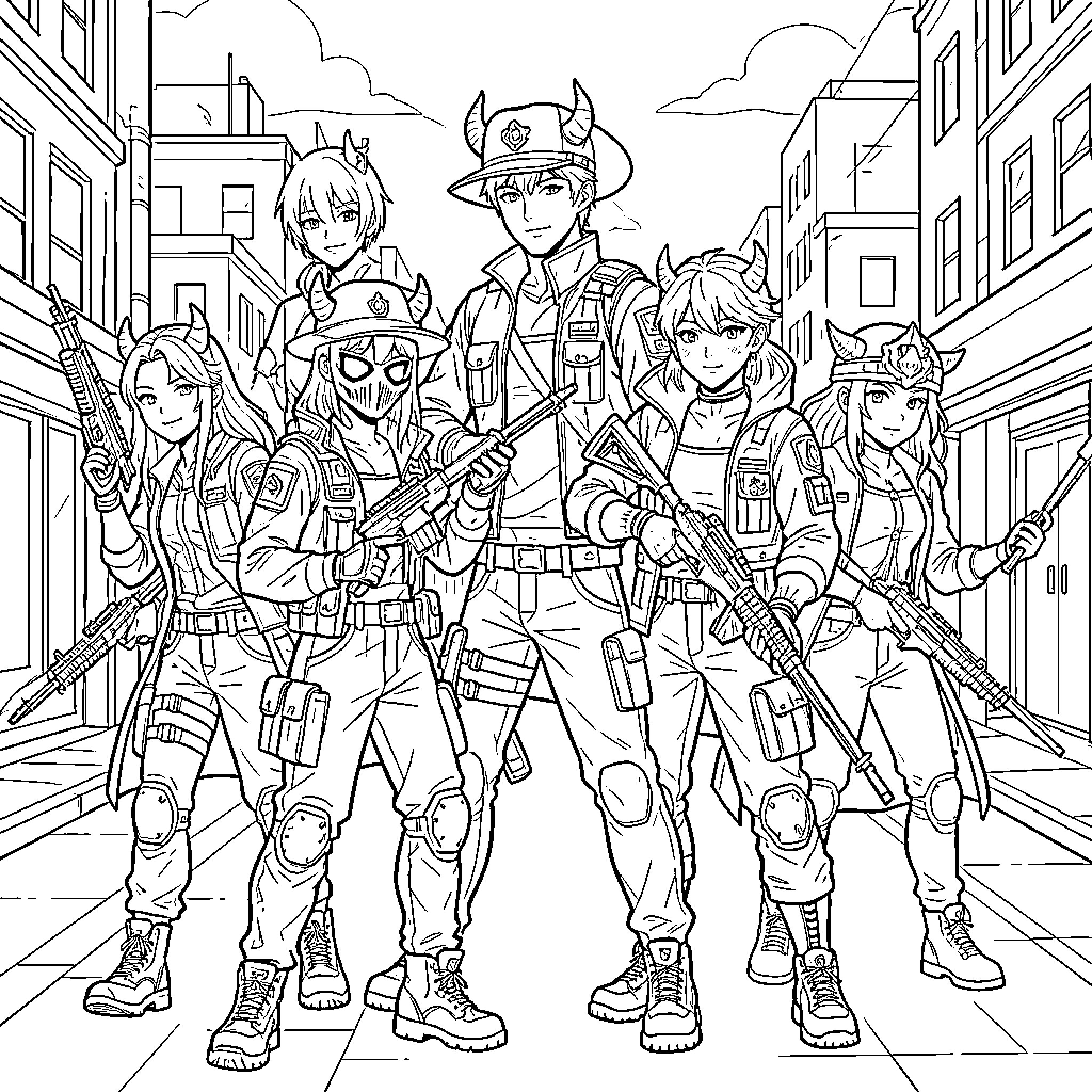 Demon Hunter Squad Gearing Up for Battle Coloring Page (free black-and-white line drawing printable PDF for all, from beginners to advanced learners, including children, teens, adults, and seniors)
