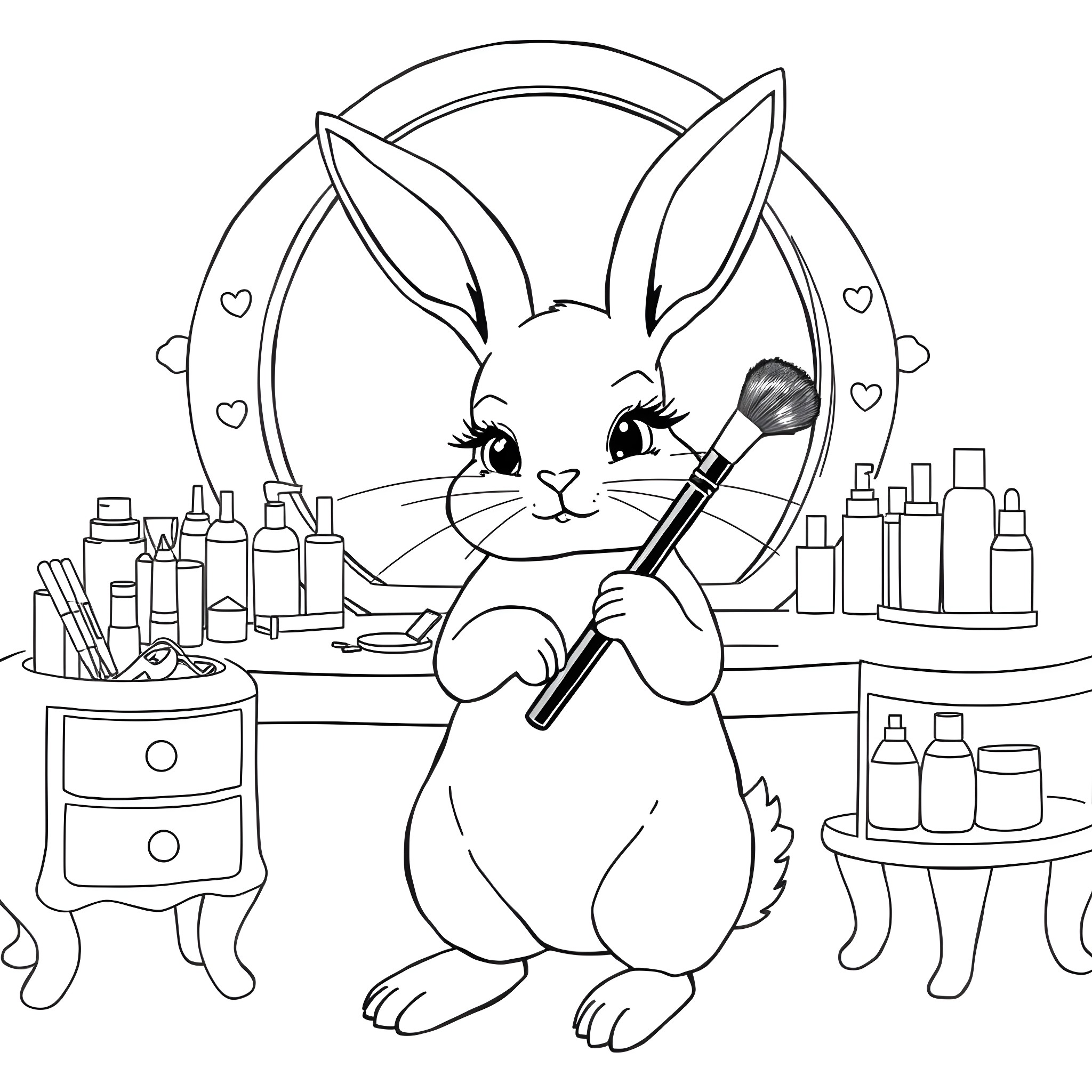 Rabbit applying makeup in front of a mirror Coloring Page (free black-and-white line drawing printable PDF for all, from beginners to advanced learners, including children, teens, adults, and seniors)