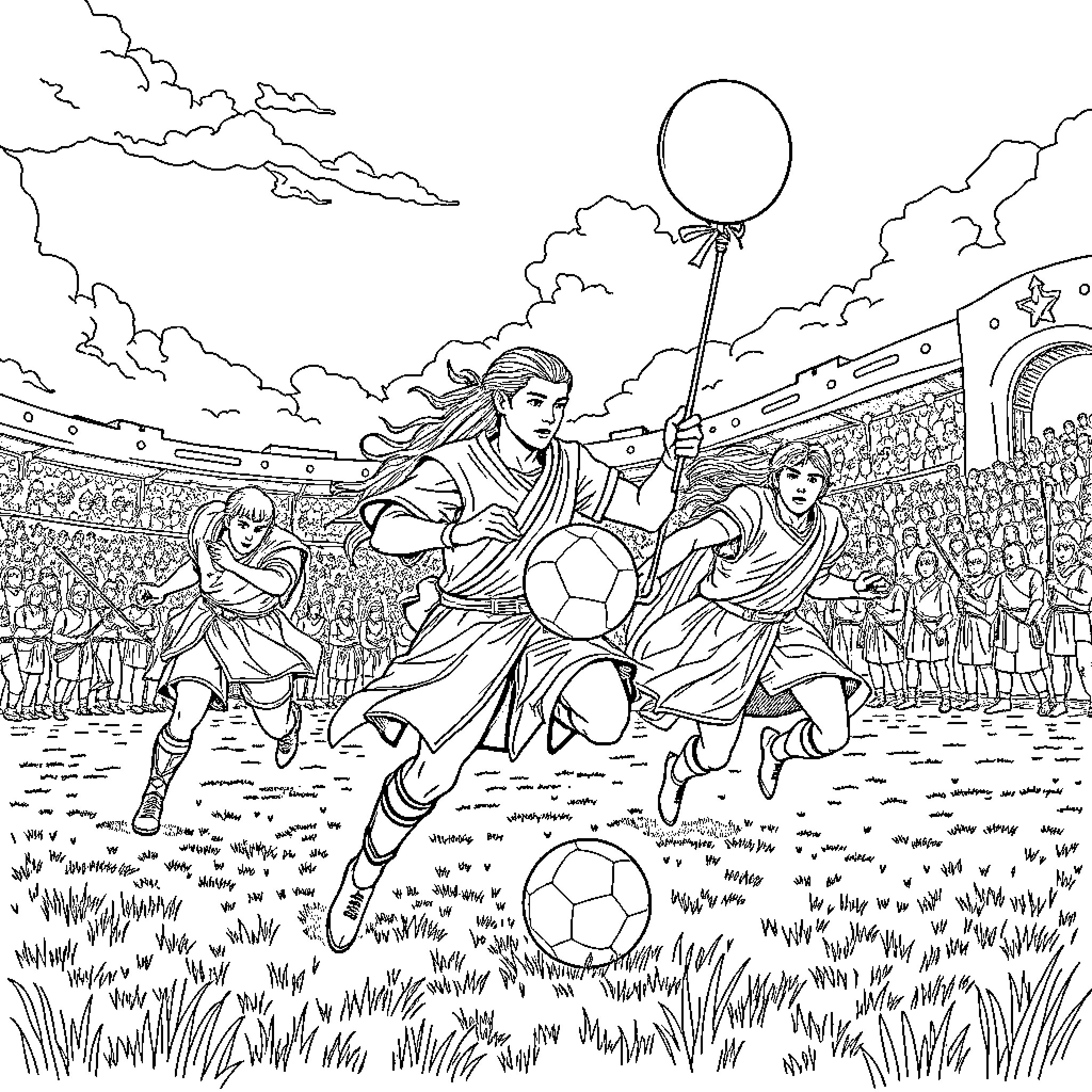 Legolas leading a team of soccer players in an intense match Coloring Page (free black-and-white line drawing printable PDF for all, from beginners to advanced learners, including children, teens, adults, and seniors)