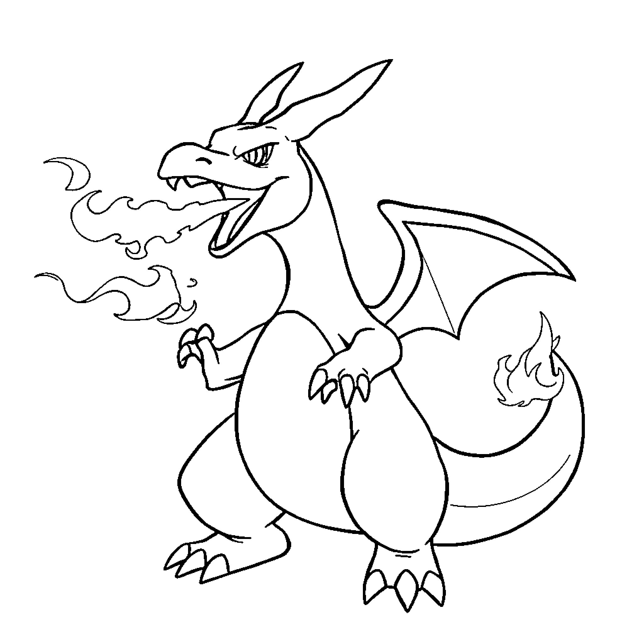 Charizard unleashing powerful flames Coloring Page (free black-and-white line drawing printable PDF for all, from beginners to advanced learners, including children, teens, adults, and seniors)