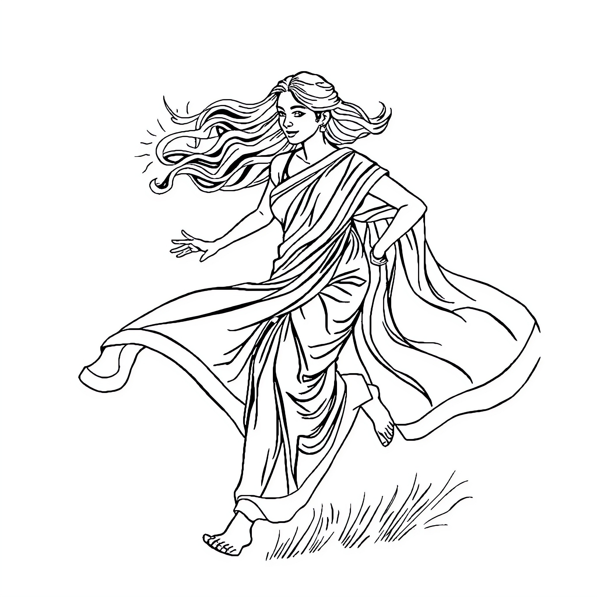 Woman with flowing dress dancing gracefully Coloring Page (free black-and-white line drawing printable PDF for all, from beginners to advanced learners, including children, teens, adults, and seniors)