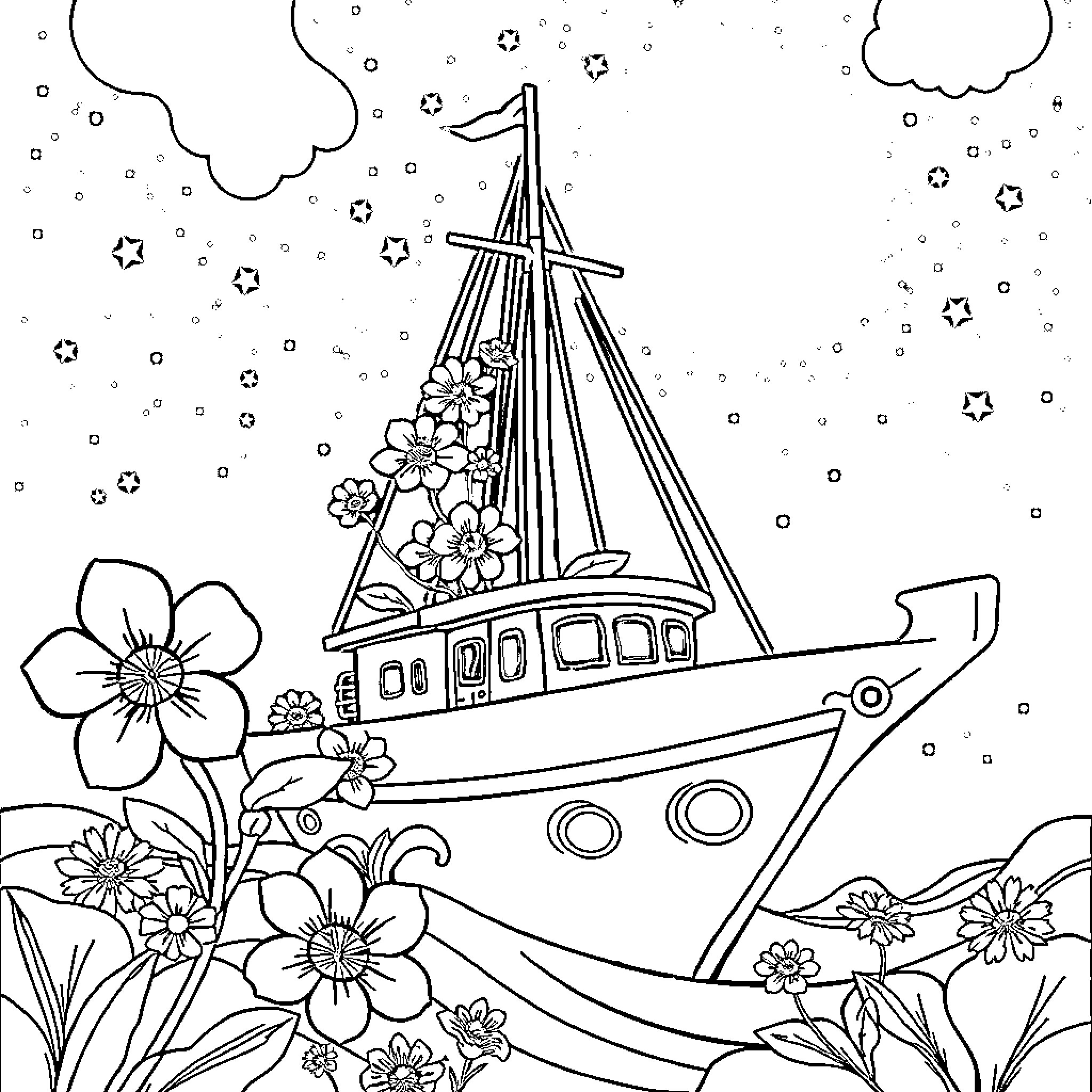 Flower Sailboat Surrounded by Nature Coloring Page (free black-and-white line drawing printable PDF for all, from beginners to advanced learners, including children, teens, adults, and seniors)