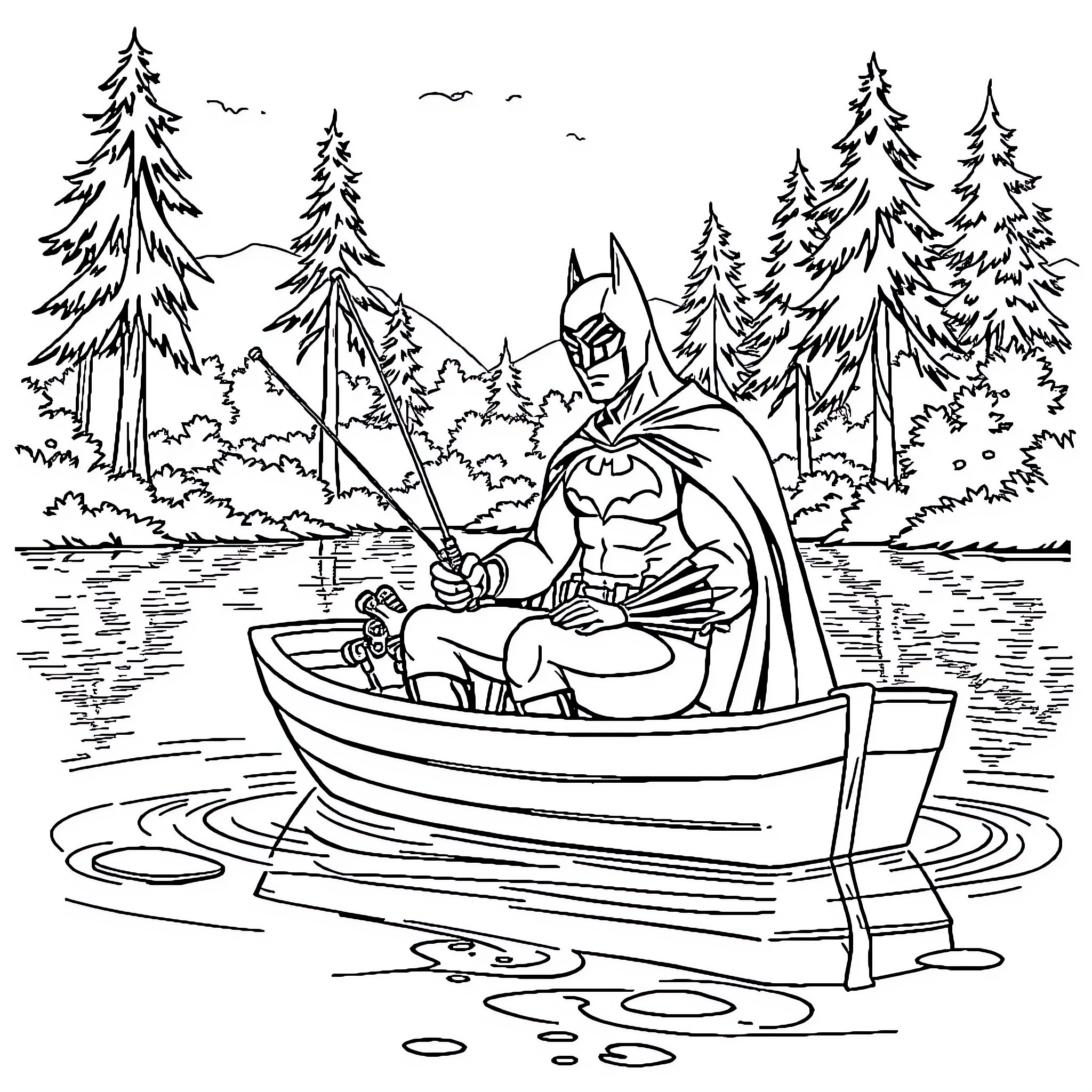 Batman fishing peacefully in a serene forest landscape Coloring Page (free black-and-white line drawing printable PDF for all, from beginners to advanced learners, including children, teens, adults, and seniors)