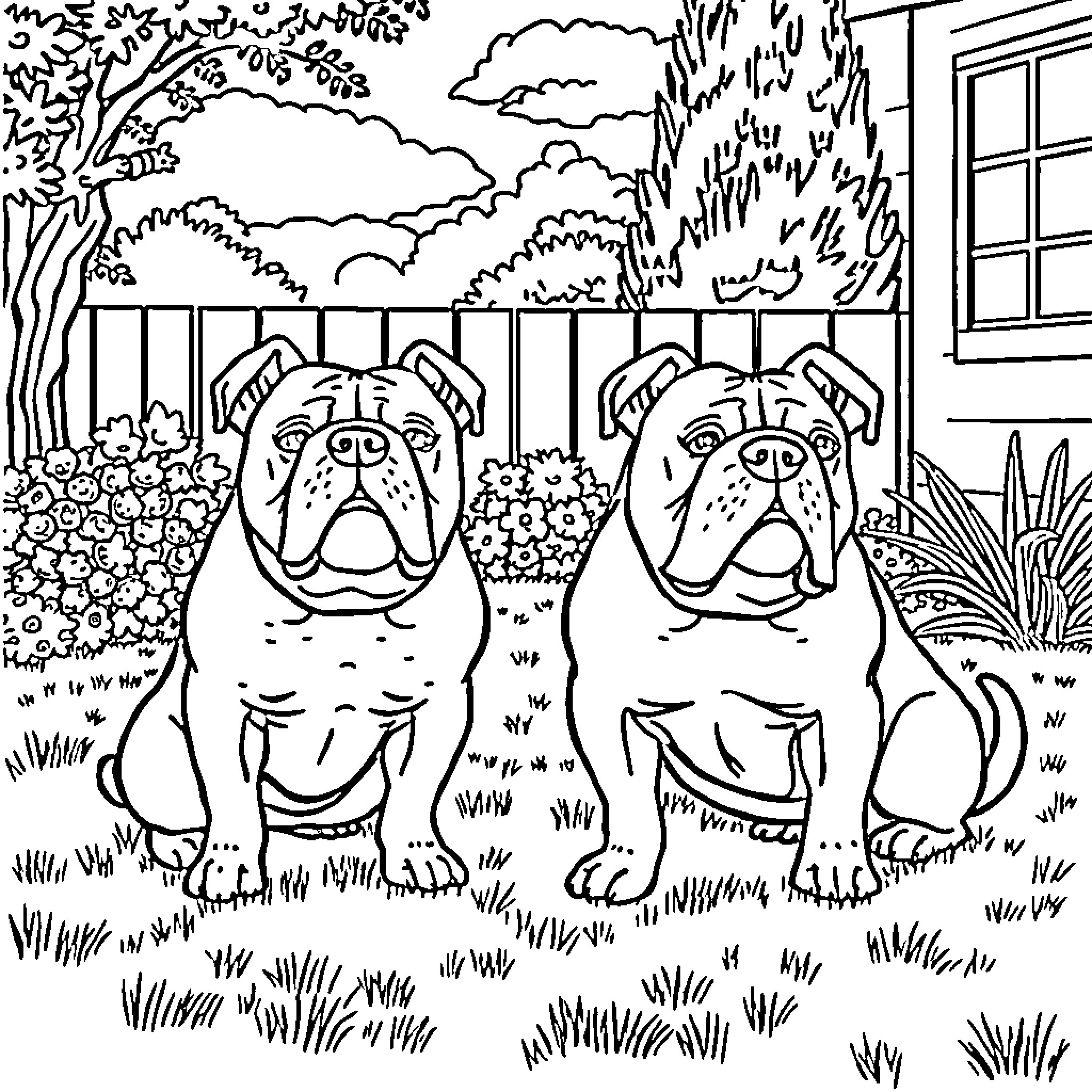 Bulldog companions enjoying the outdoors Coloring Page (free black-and-white line drawing printable PDF for all, from beginners to advanced learners, including children, teens, adults, and seniors)