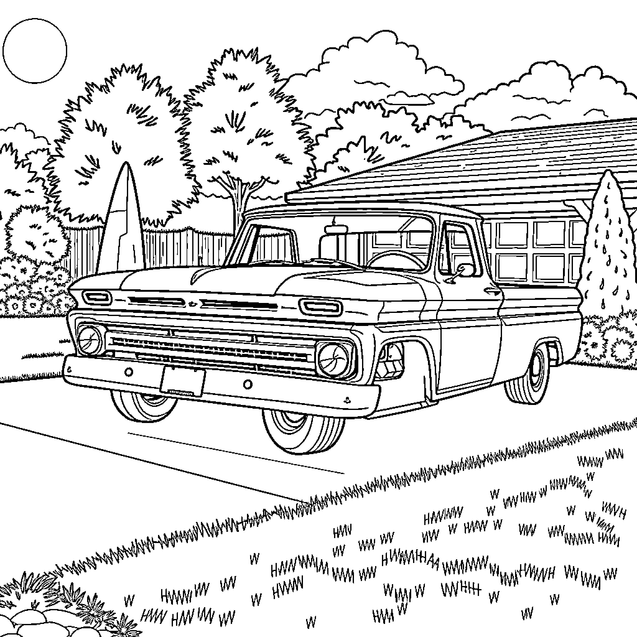 Chevrolet C10 pickup truck parked in a scenic landscape Coloring Page (free black-and-white line drawing printable PDF for all, from beginners to advanced learners, including children, teens, adults, and seniors)
