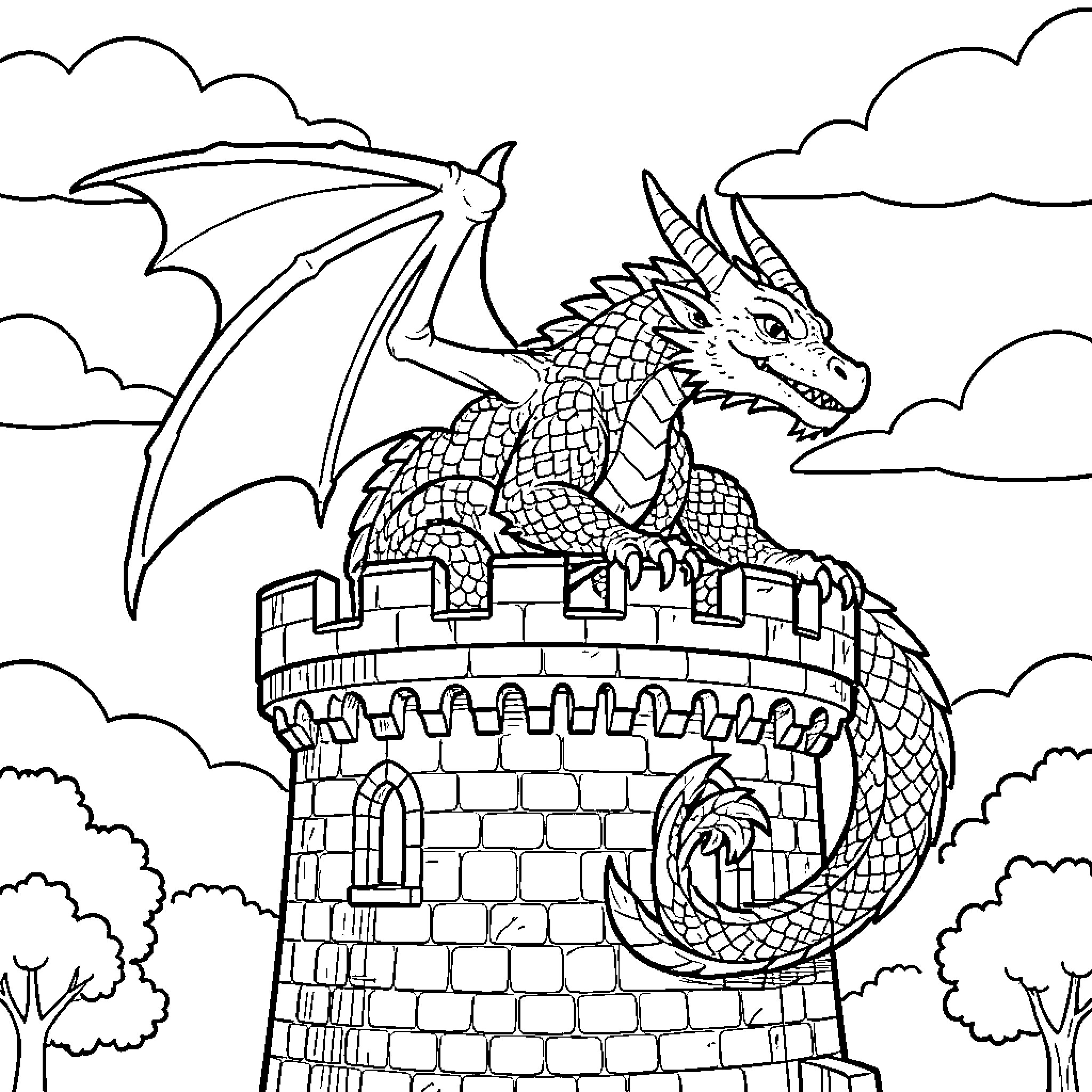 Dragon perched majestically atop a stone castle tower Coloring Page (free black-and-white line drawing printable PDF for all, from beginners to advanced learners, including children, teens, adults, and seniors)