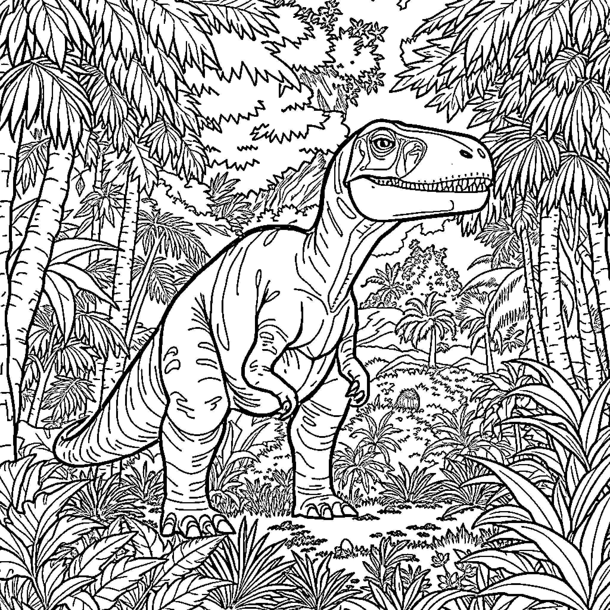 Dinosaur roaming in the lush jungle Coloring Page (free black-and-white line drawing printable PDF for all, from beginners to advanced learners, including children, teens, adults, and seniors)