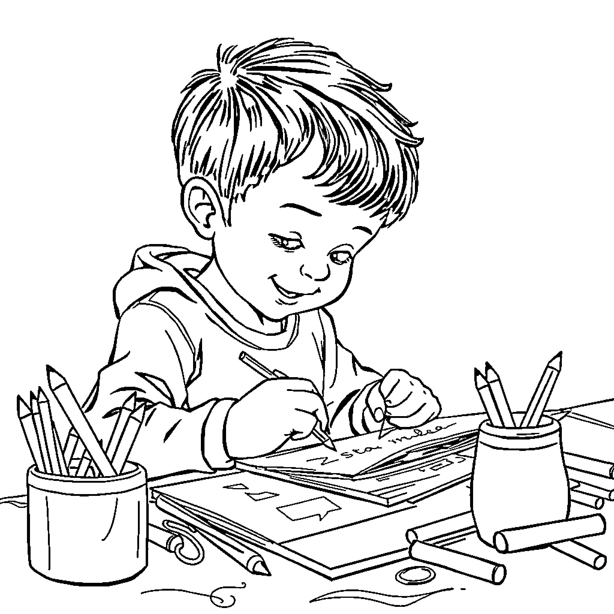 Niño dibujar concentrado con material escolar Coloring Page (free black-and-white line drawing printable PDF for all, from beginners to advanced learners, including children, teens, adults, and seniors)