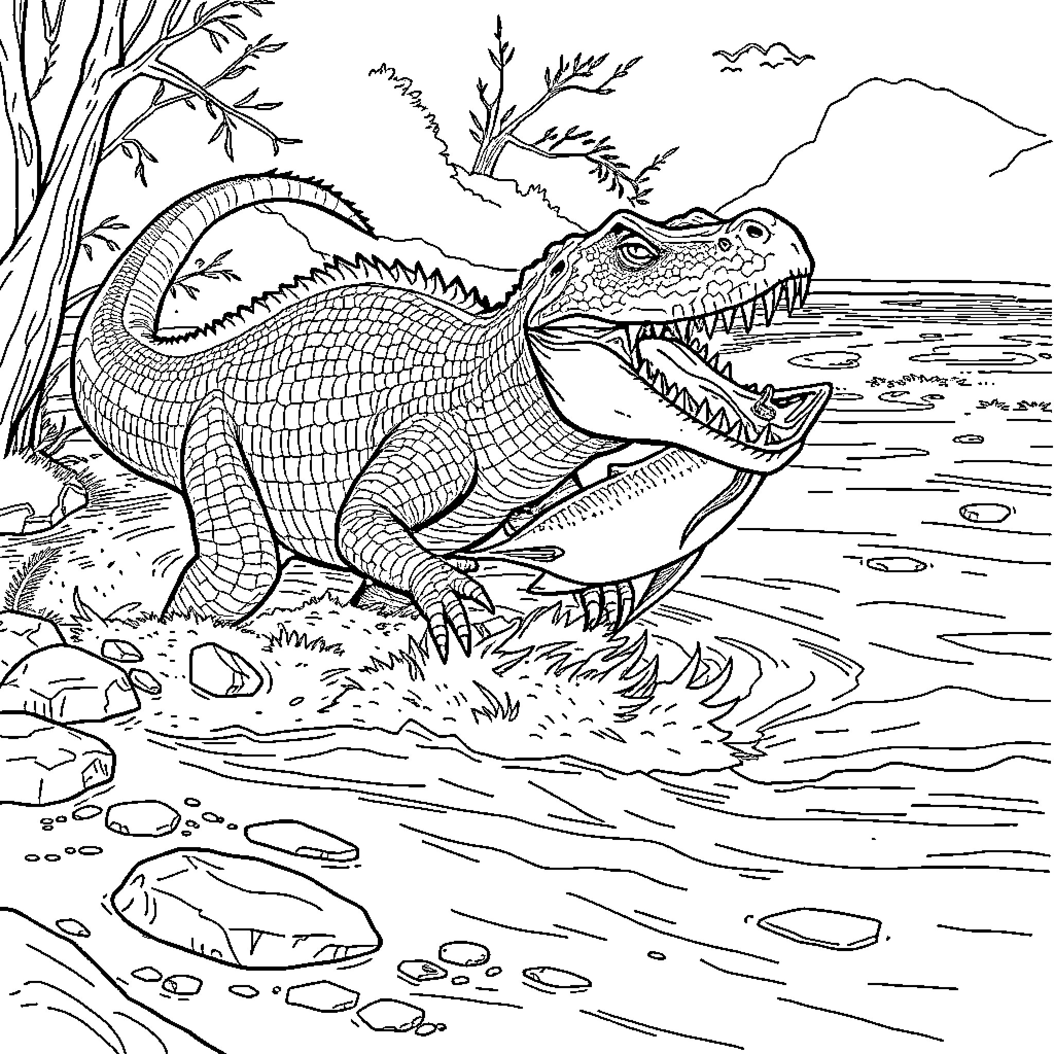 Baryonyx hunting in the wild landscape Coloring Page (free black-and-white line drawing printable PDF for all, from beginners to advanced learners, including children, teens, adults, and seniors)