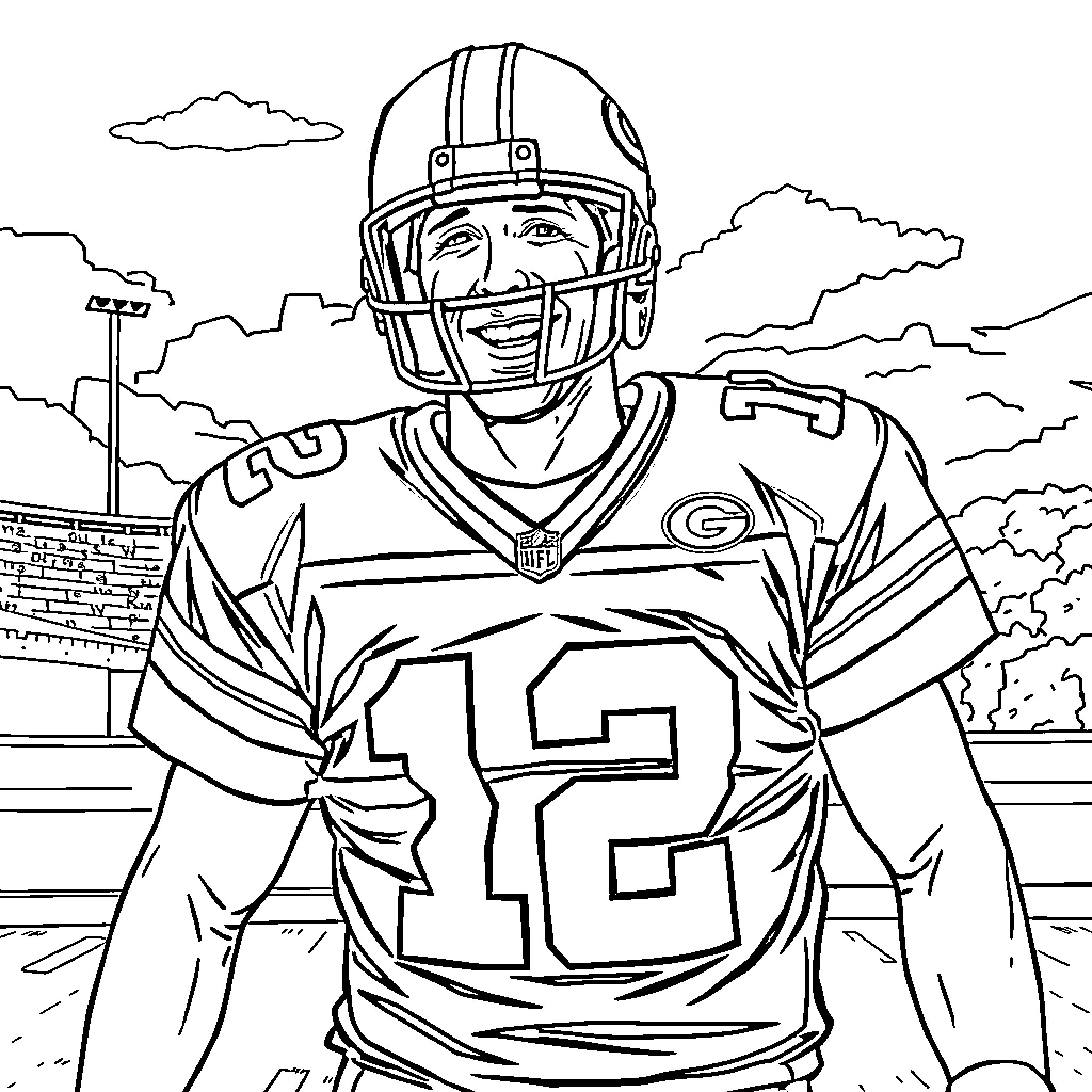 Peyton Manning in football uniform on the field Coloring Page (free black-and-white line drawing printable PDF for all, from beginners to advanced learners, including children, teens, adults, and seniors)
