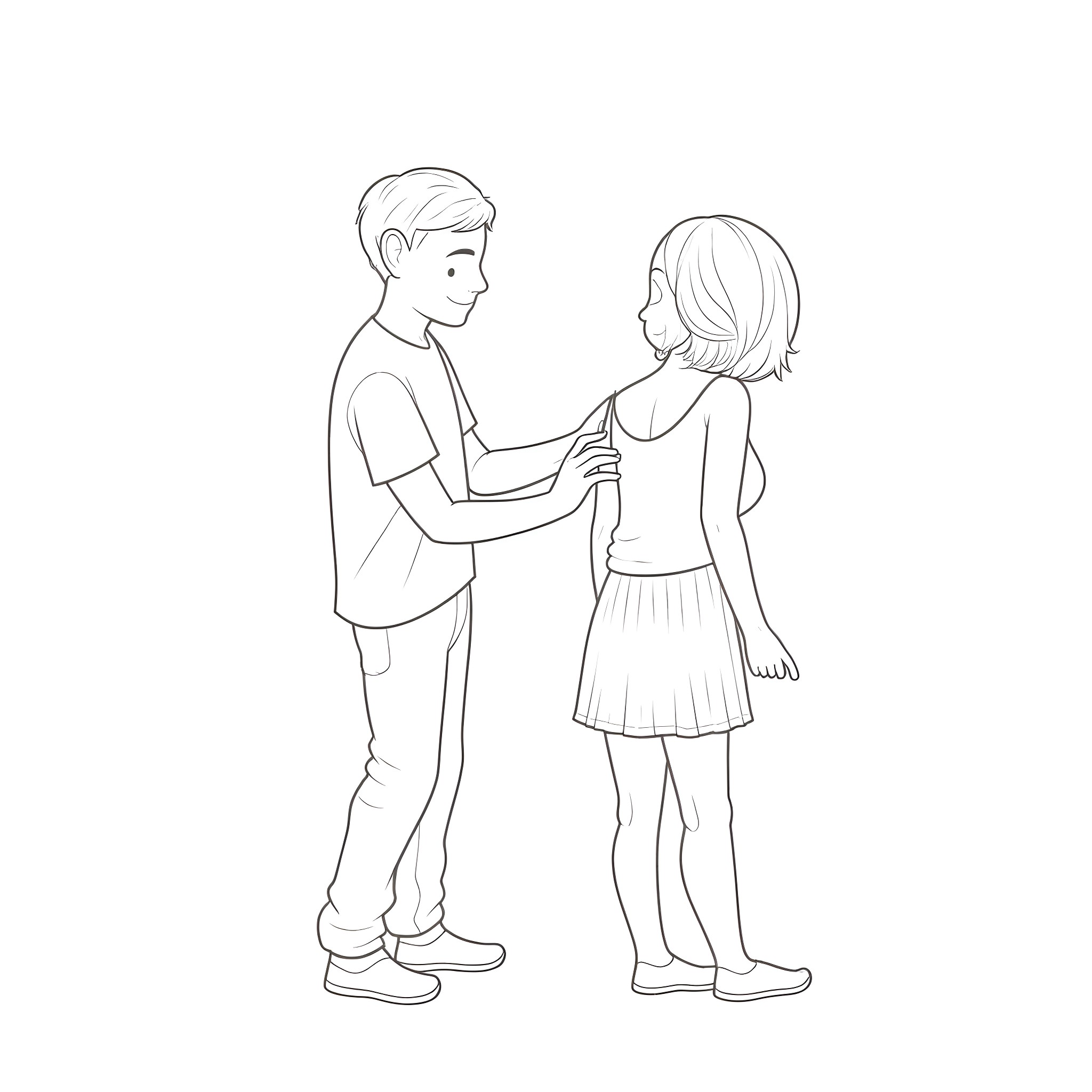 Man and woman having friendly conversation Coloring Page (free black-and-white line drawing printable PDF for all, from beginners to advanced learners, including children, teens, adults, and seniors)
