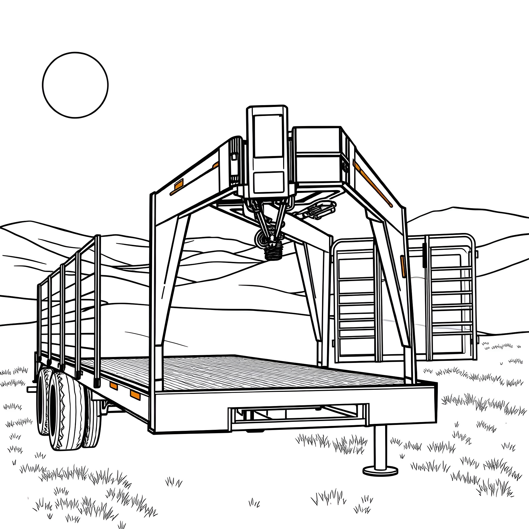 Gooseneck Trailer Carrying Agricultural Equipment in the Field Coloring Page (free black-and-white line drawing printable PDF for all, from beginners to advanced learners, including children, teens, adults, and seniors)