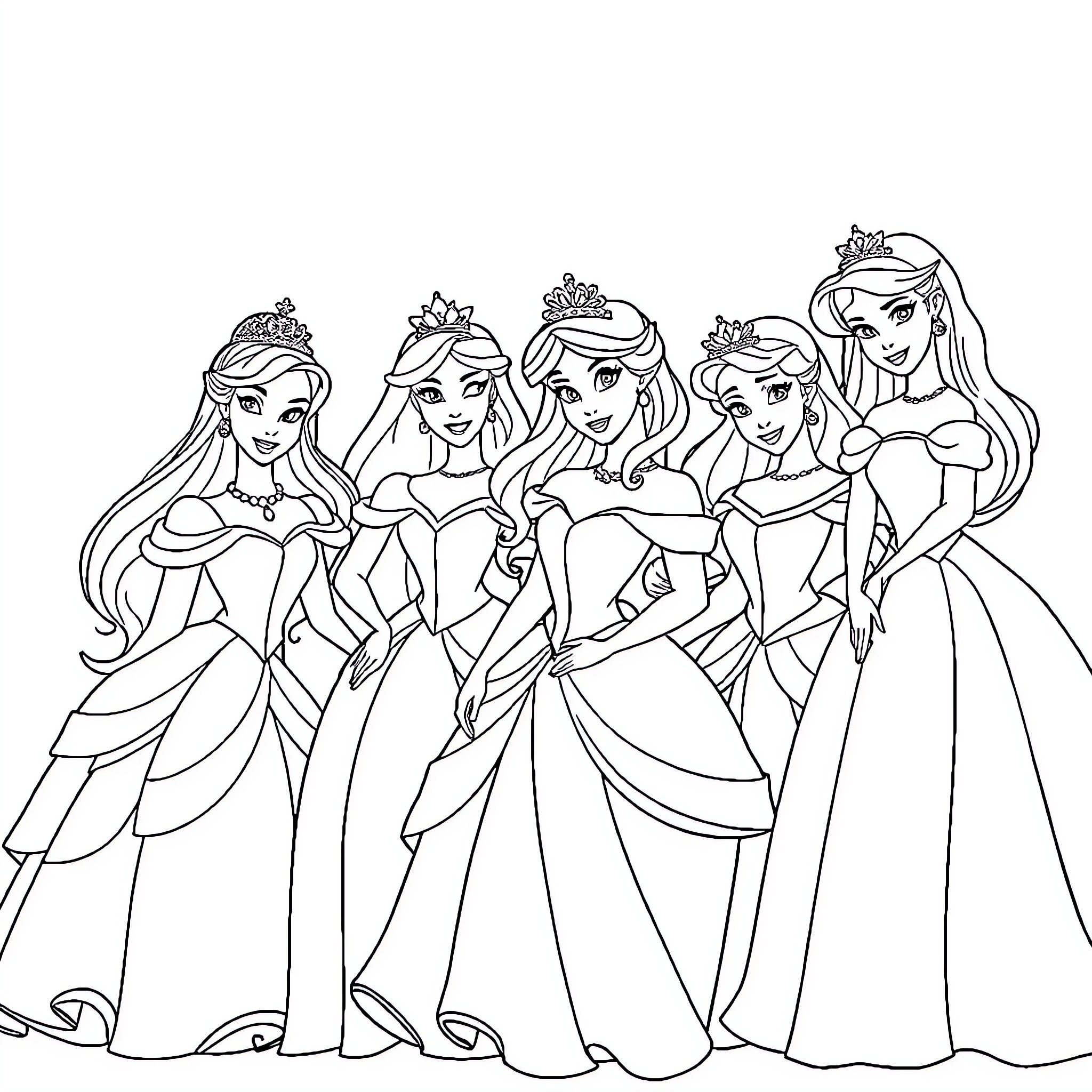 Disney Princesses in Elegant Formal Gowns Coloring Page (free black-and-white line drawing printable PDF for all, from beginners to advanced learners, including children, teens, adults, and seniors)