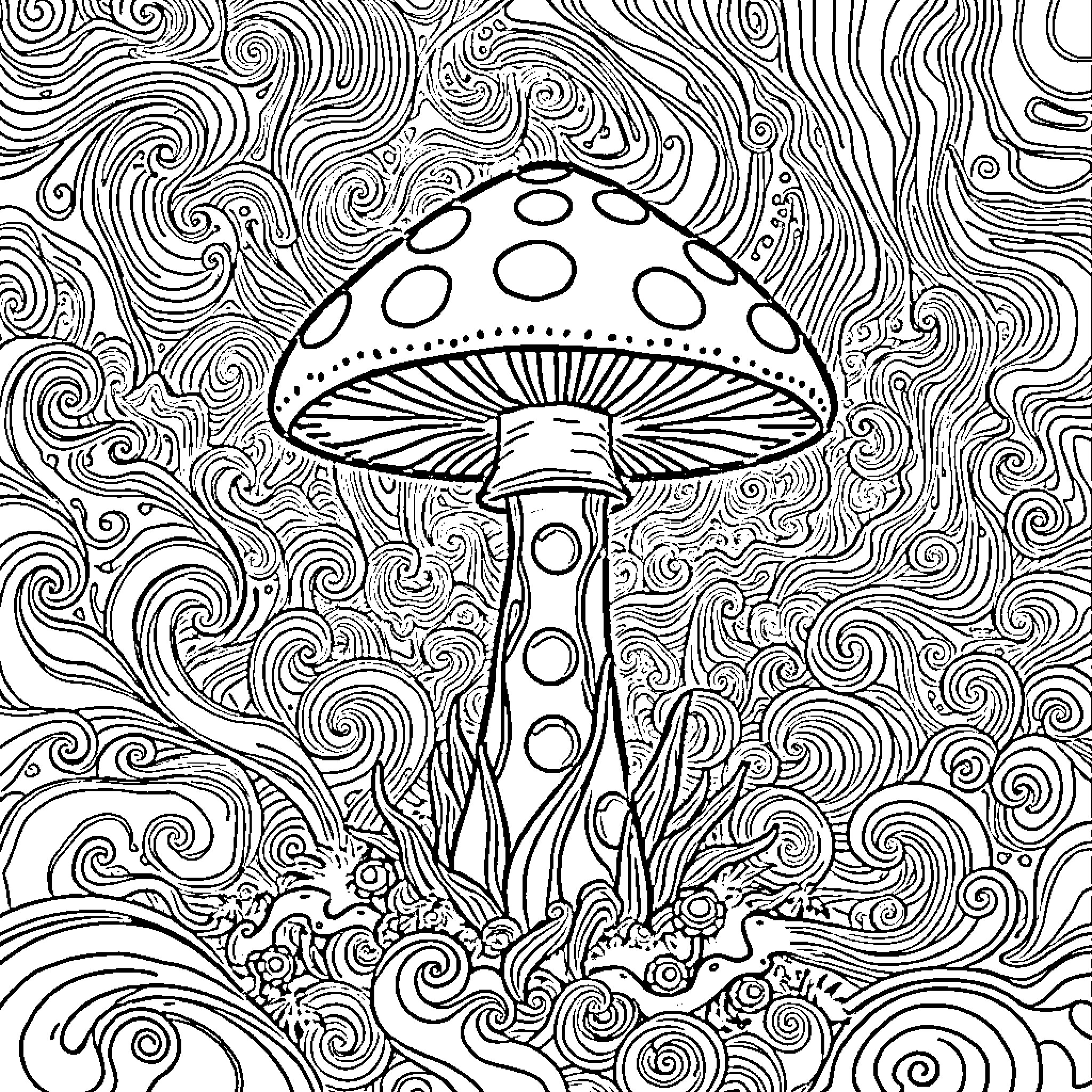 Mushroom Sitting in a Swirling Psychedelic Landscape Coloring Page (free black-and-white line drawing printable PDF for all, from beginners to advanced learners, including children, teens, adults, and seniors)