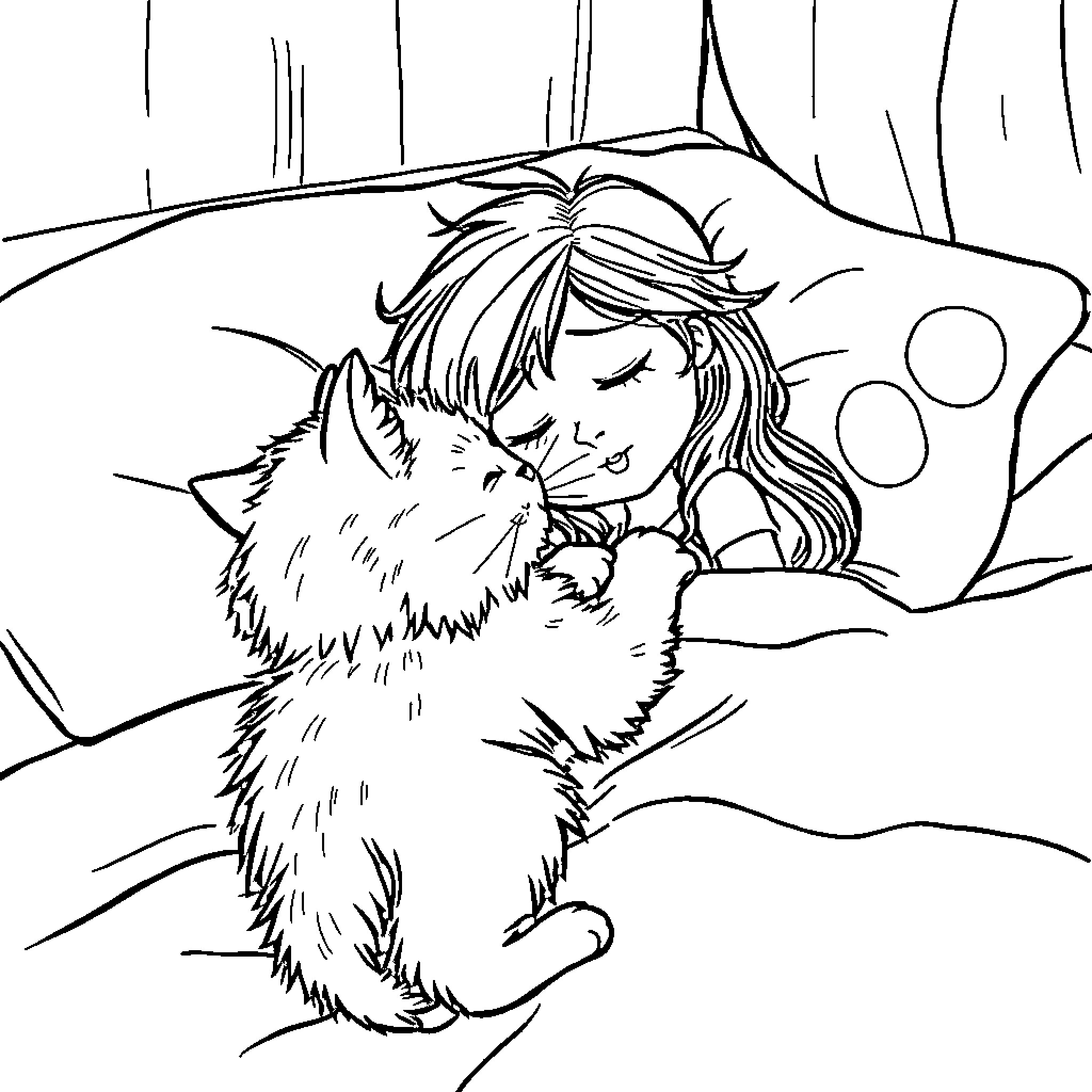 Cat comforting a young girl in a dreamy landscape Coloring Page (free black-and-white line drawing printable PDF for all, from beginners to advanced learners, including children, teens, adults, and seniors)