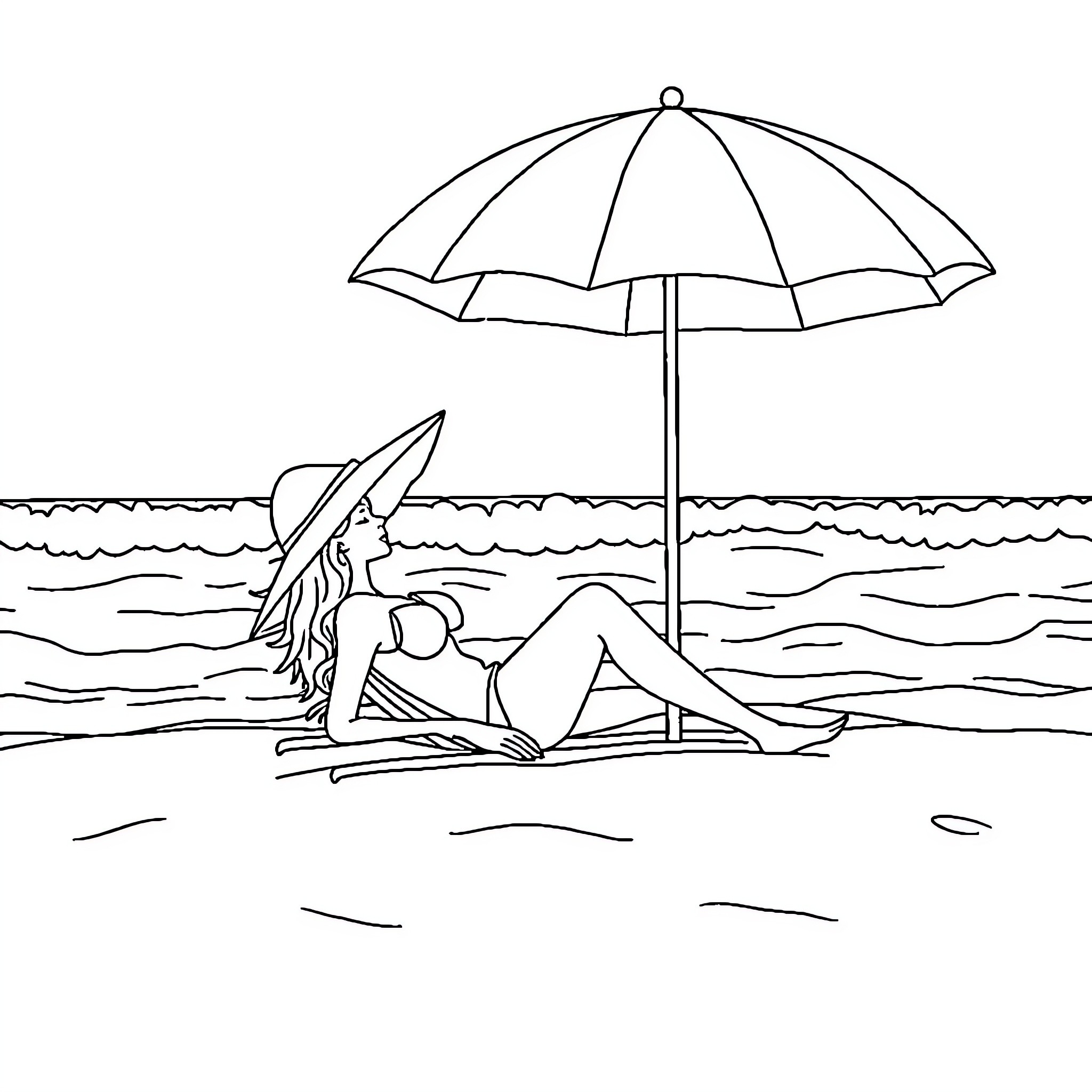 Lady relaxing on the beach under umbrella Coloring Page (free black-and-white line drawing printable PDF for all, from beginners to advanced learners, including children, teens, adults, and seniors)