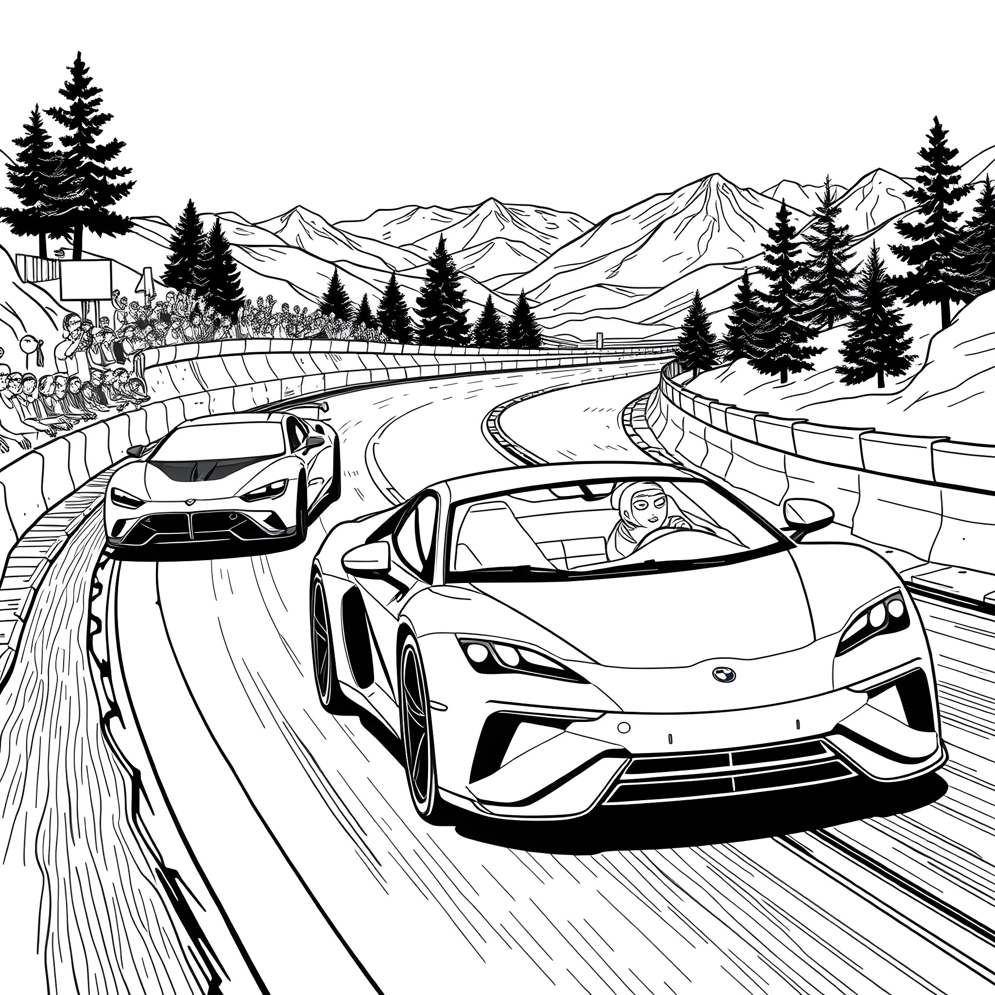 Cars racing on a mountain road Coloring Page (free black-and-white line drawing printable PDF for all, from beginners to advanced learners, including children, teens, adults, and seniors)