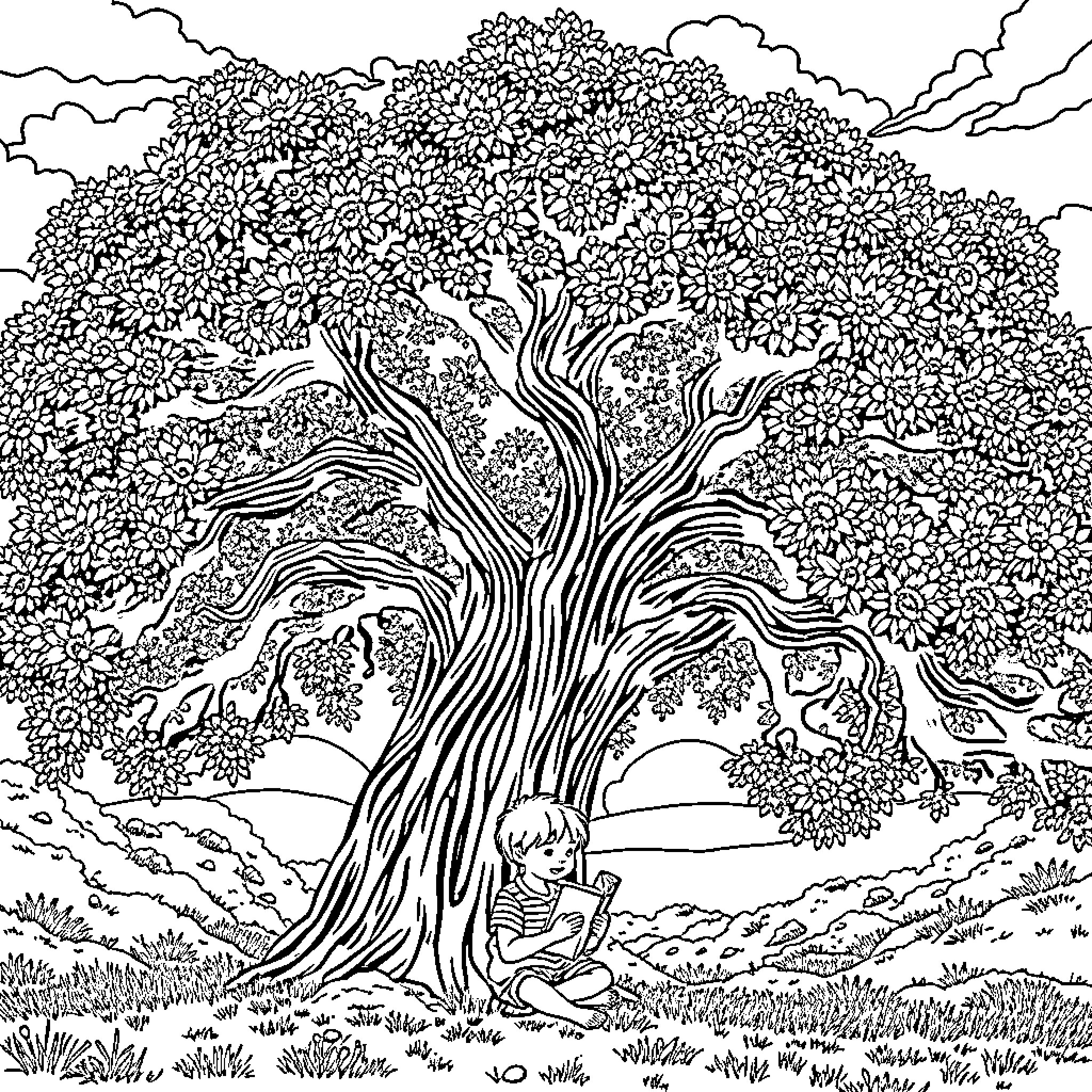 Enfant jouant sous l'arbre touffu Coloring Page (free black-and-white line drawing printable PDF for all, from beginners to advanced learners, including children, teens, adults, and seniors)