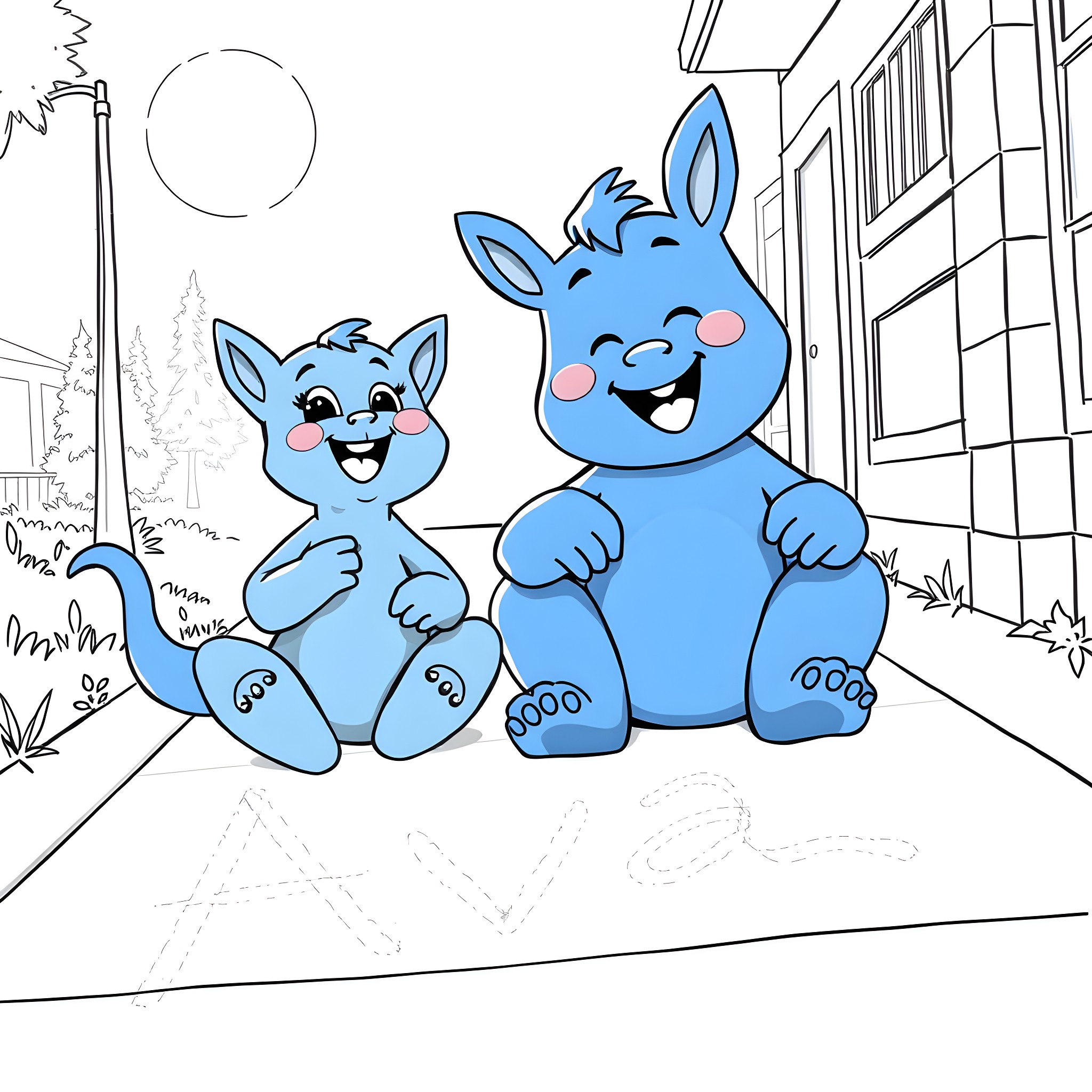 Bluey and Bingo's Cheerful Playtime Outdoors Coloring Page (free black-and-white line drawing printable PDF for all, from beginners to advanced learners, including children, teens, adults, and seniors)