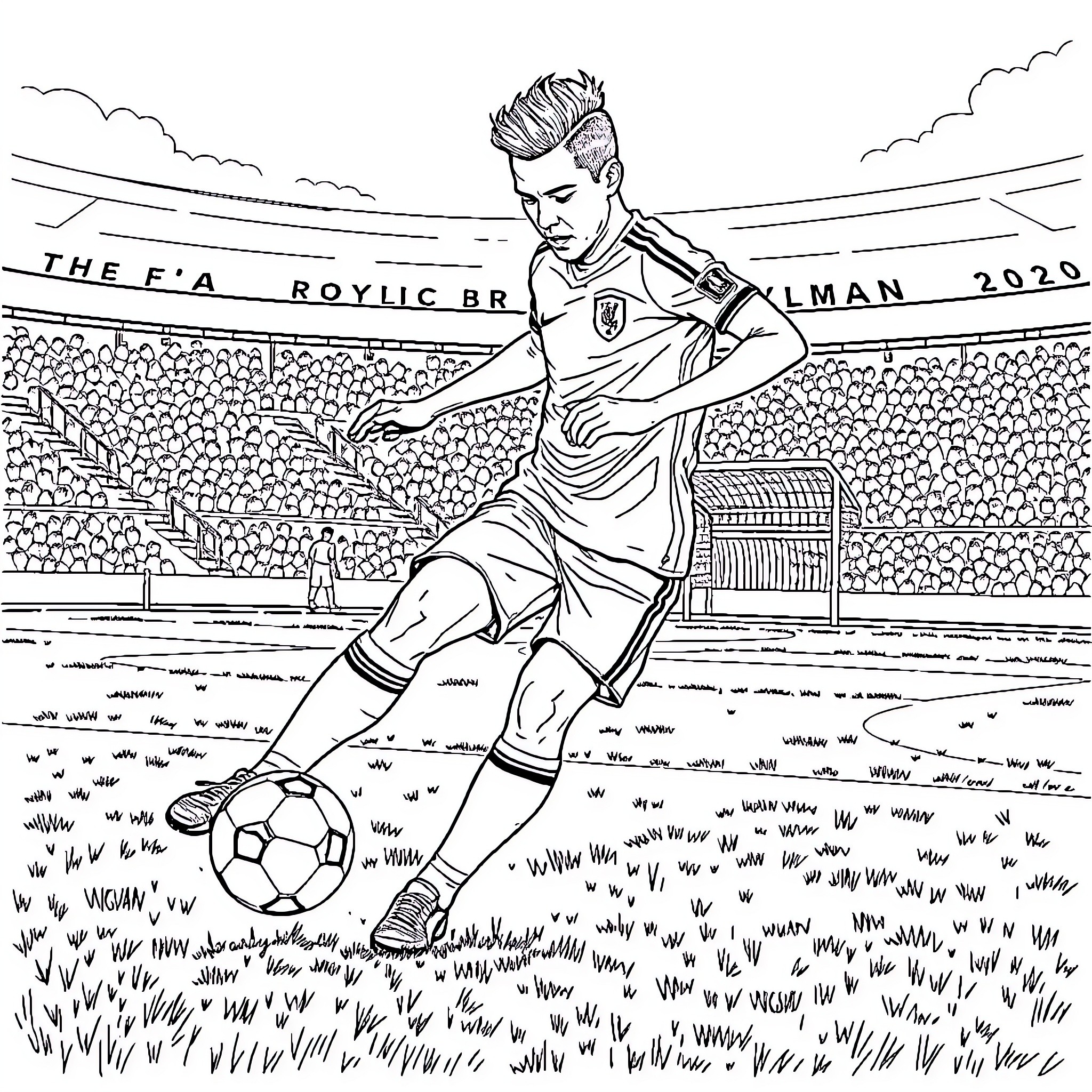 Neymar playing soccer in a stadium Coloring Page (free black-and-white line drawing printable PDF for all, from beginners to advanced learners, including children, teens, adults, and seniors)
