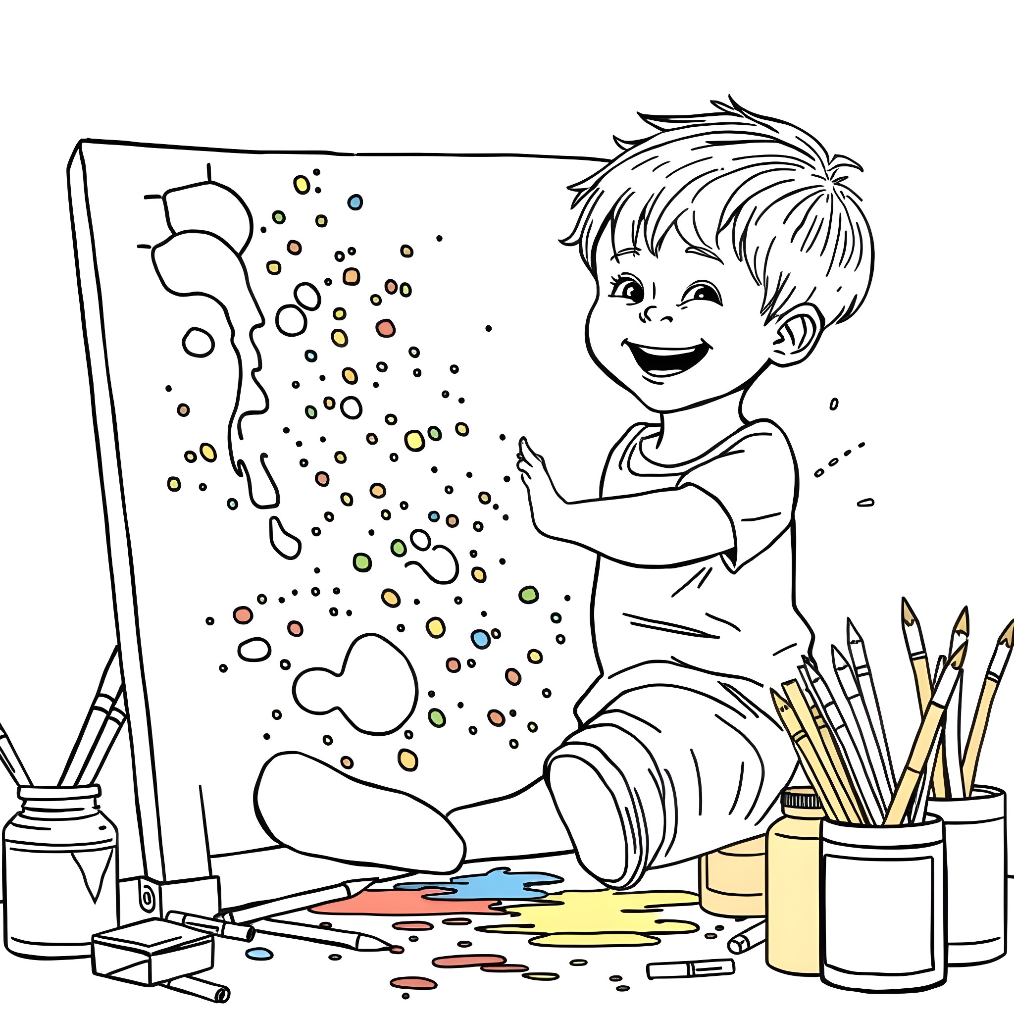 Toddler happily painting on canvas with art supplies Coloring Page (free black-and-white line drawing printable PDF for all, from beginners to advanced learners, including children, teens, adults, and seniors)