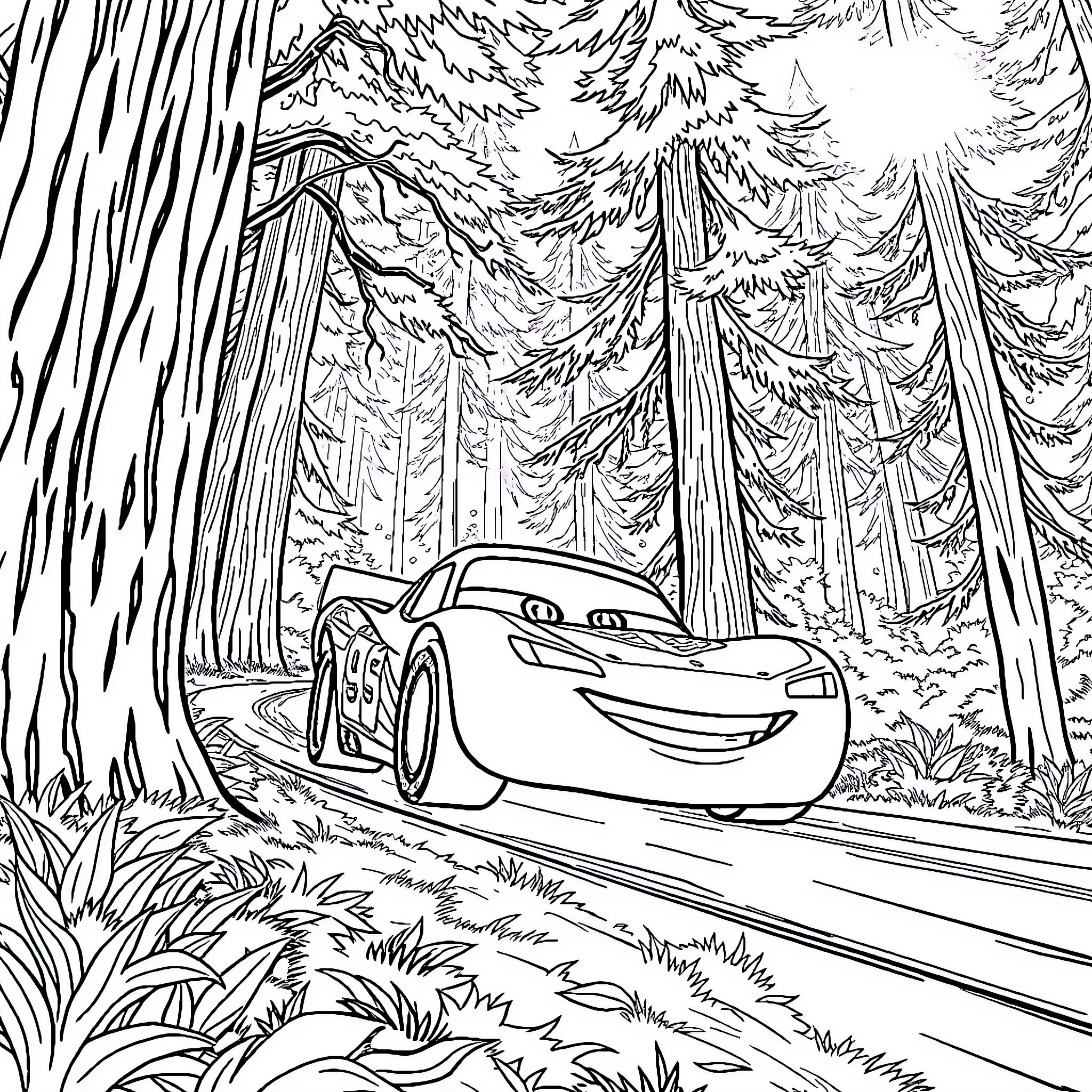 Flash McQueen racing through the forest Coloring Page (free black-and-white line drawing printable PDF for all, from beginners to advanced learners, including children, teens, adults, and seniors)