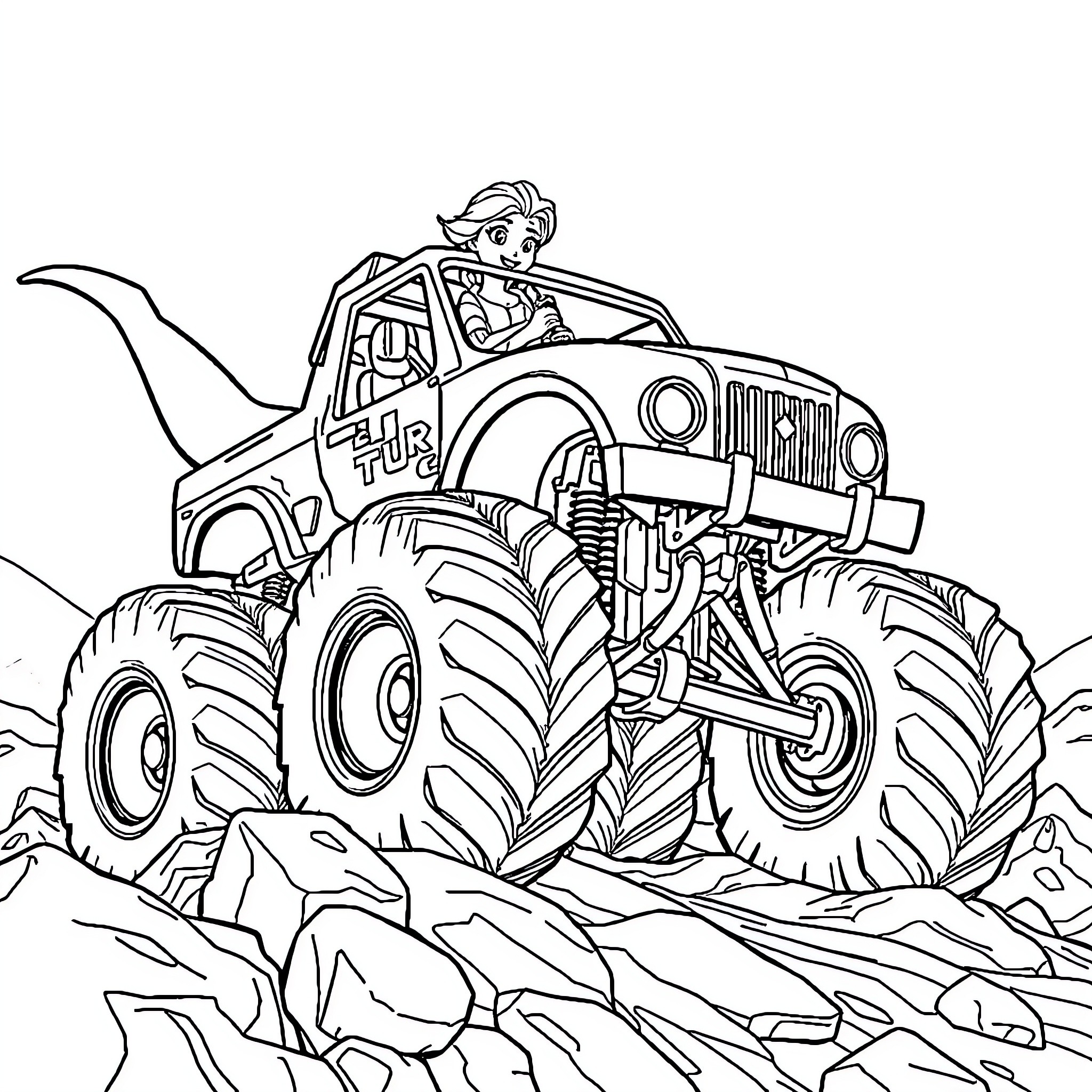 Elsa's Wild Ride in the Rugged Terrain Coloring Page (free black-and-white line drawing printable PDF for all, from beginners to advanced learners, including children, teens, adults, and seniors)