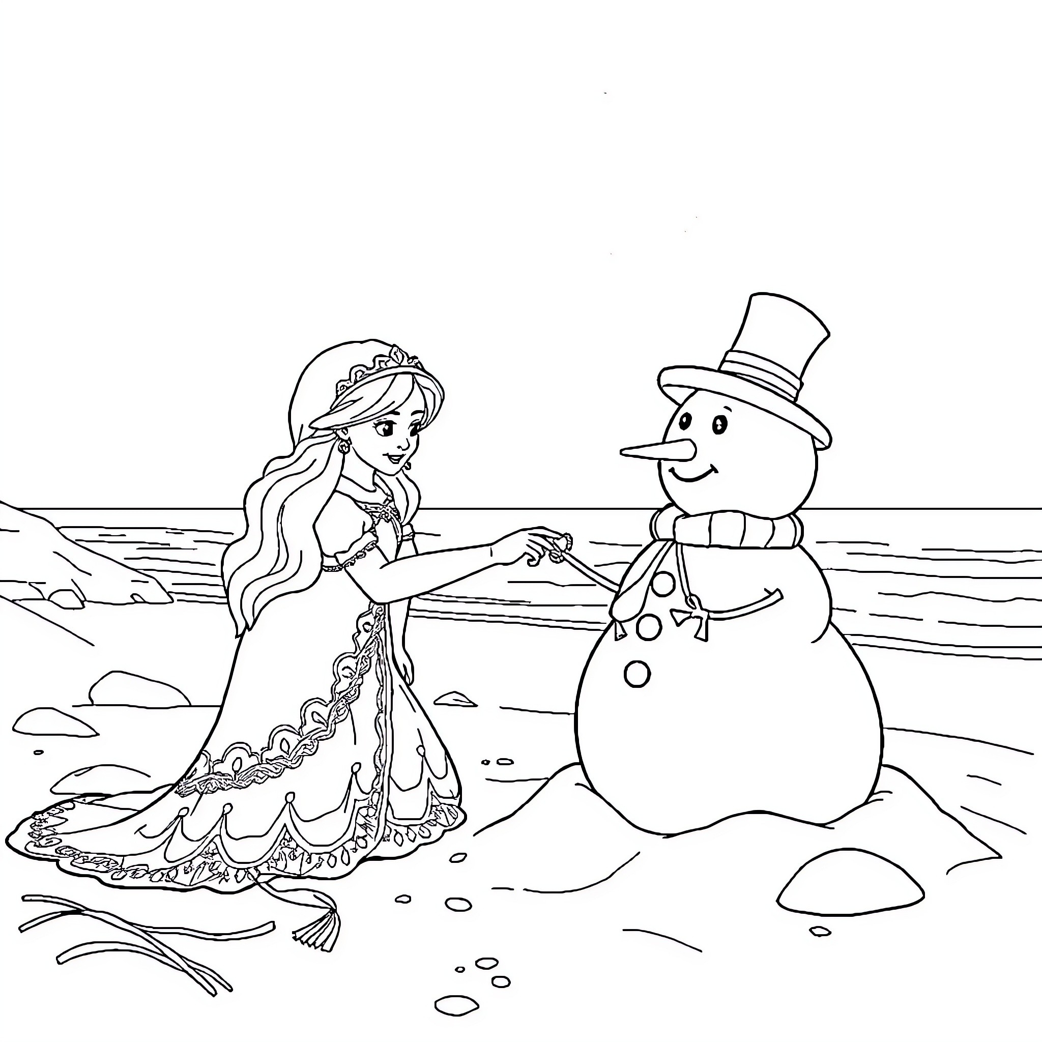Queen building a snowman with a smiling snowman Coloring Page (free black-and-white line drawing printable PDF for all, from beginners to advanced learners, including children, teens, adults, and seniors)