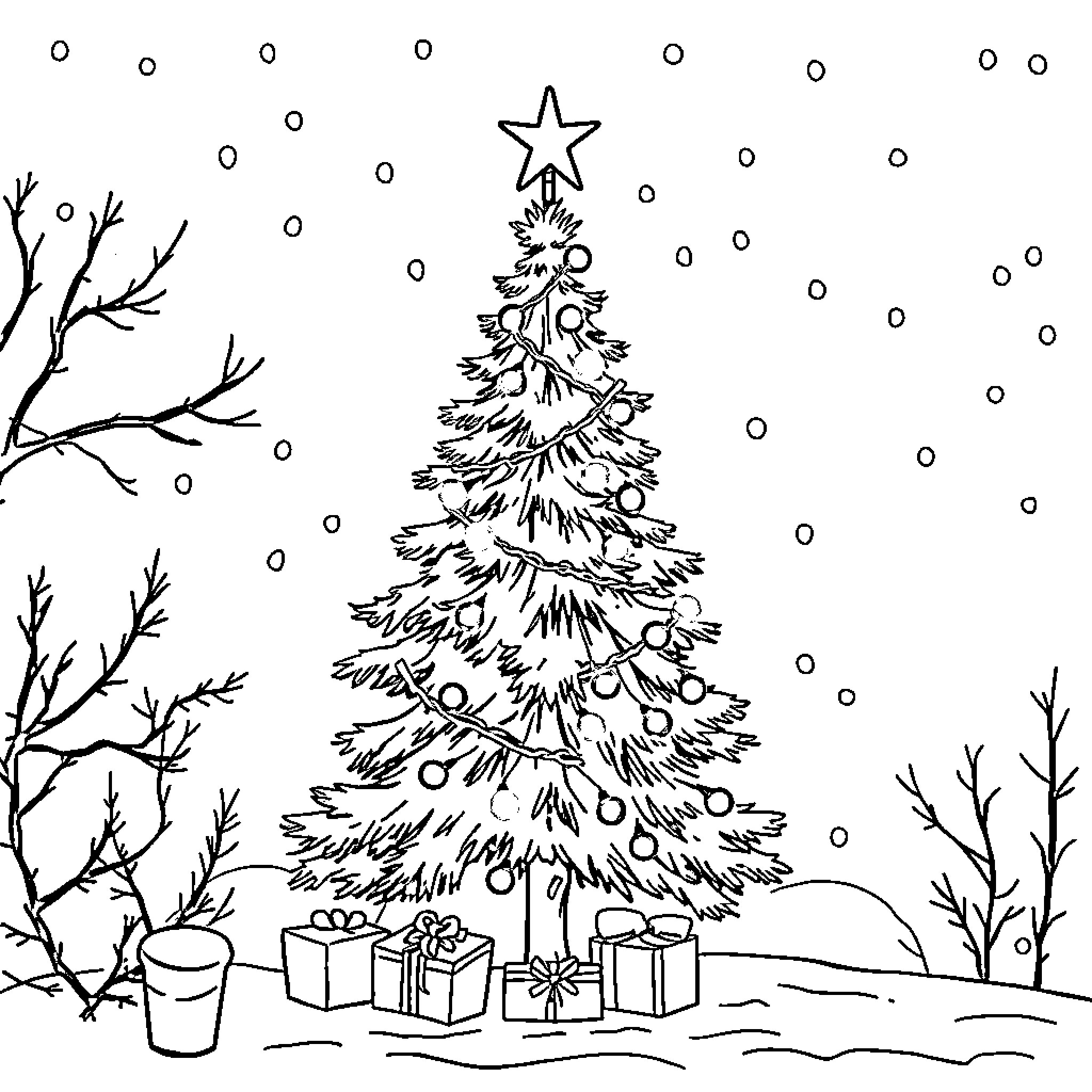 Christmas scene with decorated tree and presents Coloring Page (free black-and-white line drawing printable PDF for all, from beginners to advanced learners, including children, teens, adults, and seniors)